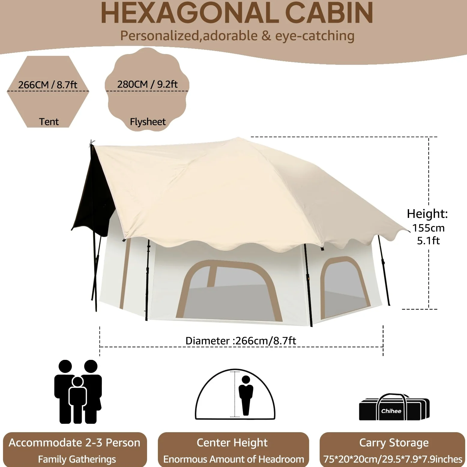 Chihee Tienda de campaña desplegable, cabina familiar con toldo, porche para 3 personas, refugio al aire libre, impermeable y resistente al viento, fácil