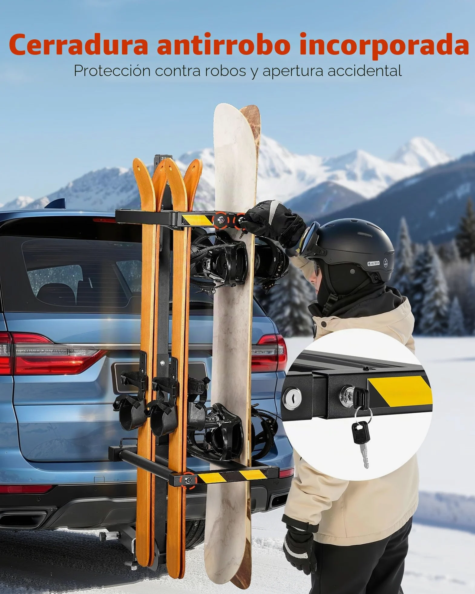 VEVOR Portaesquís de Techo, para hasta 6 Pares de Esquís/4 Tablas de Snowboard, con Cerradura con Cinturón de Seguridad y Acceso Inclinable, el Soporte Ajustable Se Adapta a la Barra de Remolque