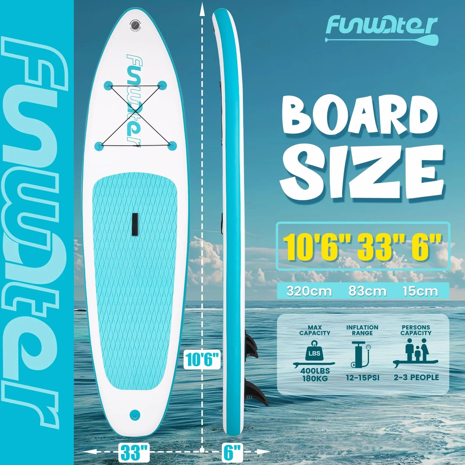 FunWater Tabla de remo inflable para adultos con pala, mochila, 3 aletas, bomba y correa adecuada para principiantes.