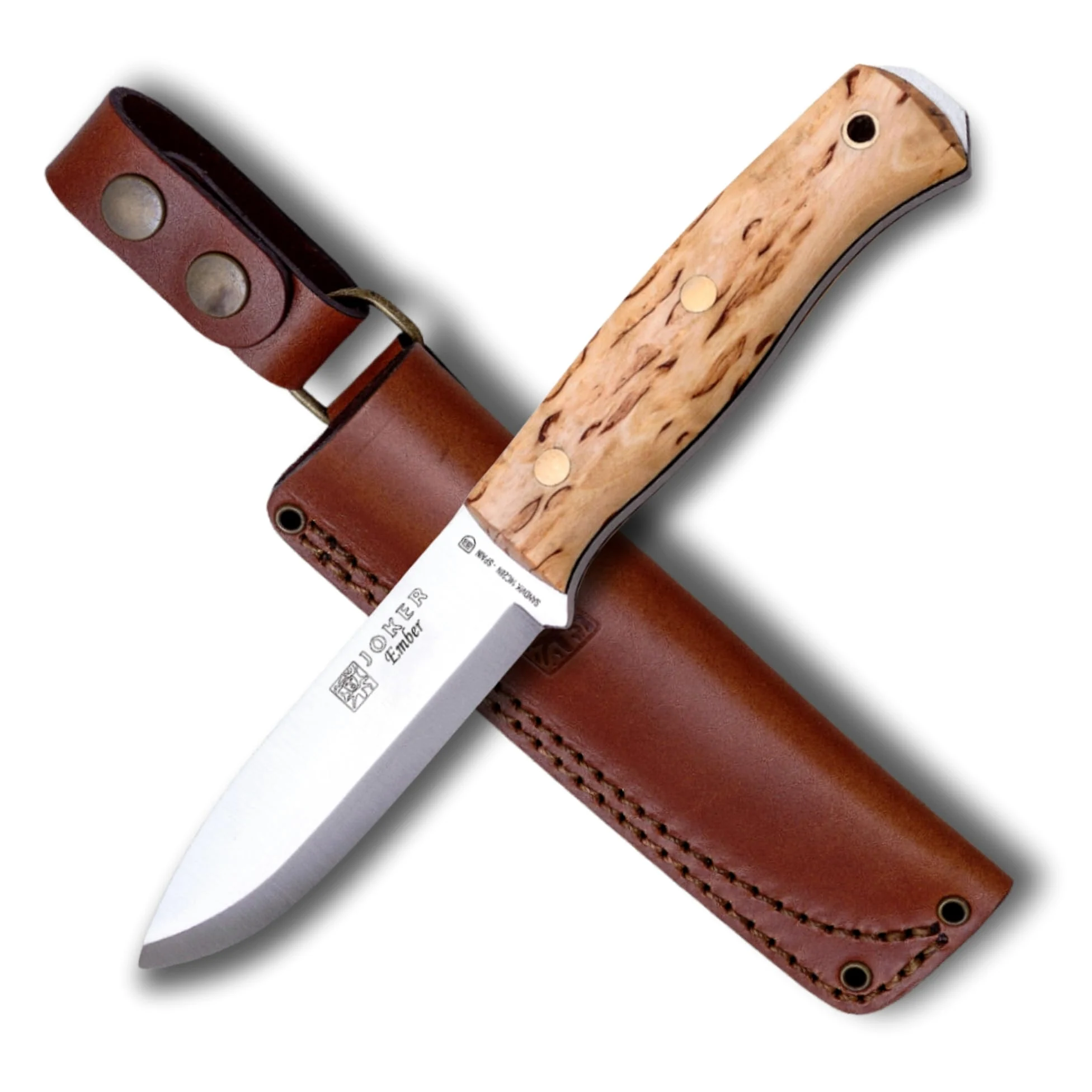 Joker Cuchillo de caza Ember Scandi CL122, hoja de 10,5 cms en acero Sandvik 14C24N, mango de abedul rizado, funda piel, Herramienta de pesca, caza, camping y senderismo