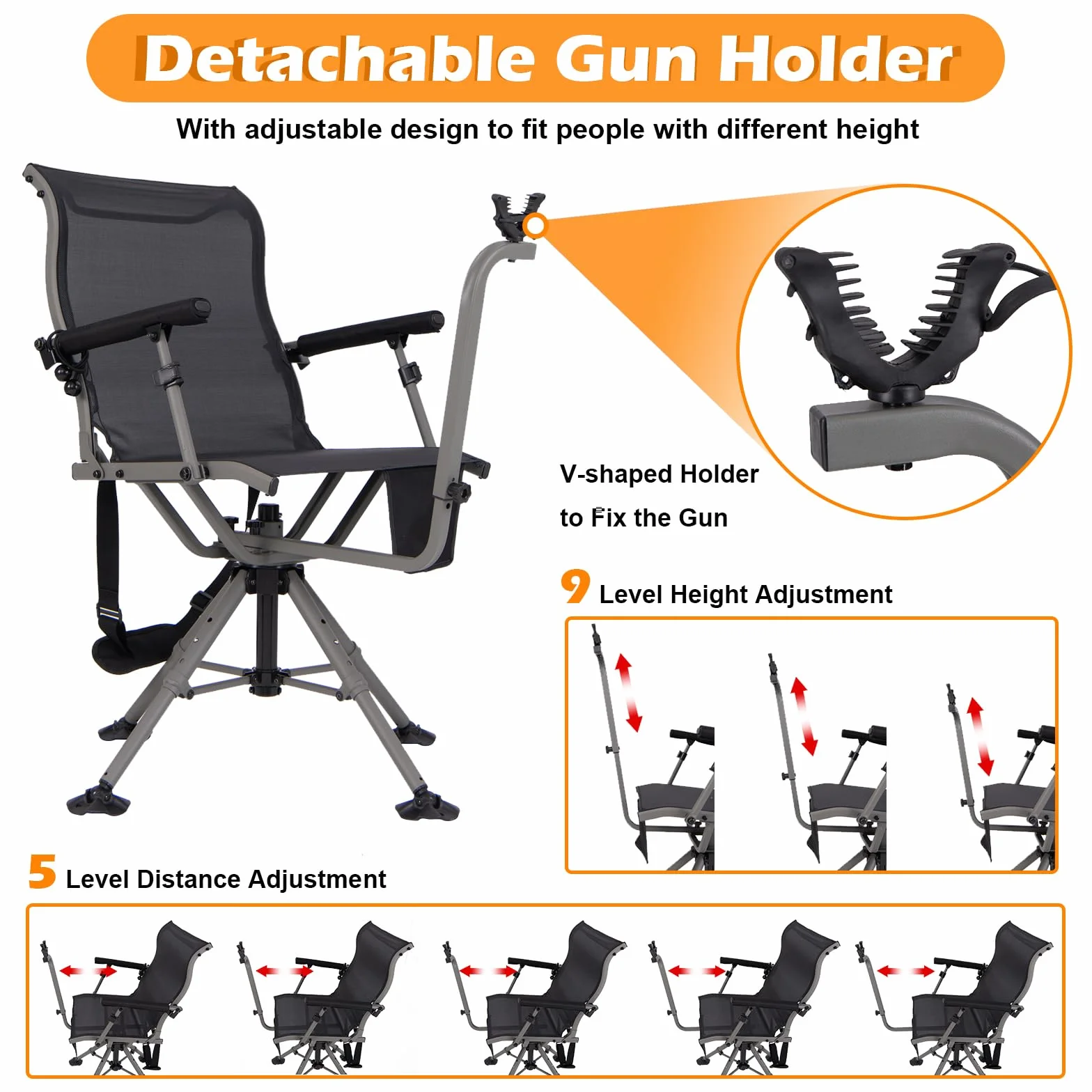 KOMFOTTEU Silla de Caza Giratoria 360°, Silla Plegable de Exterior con Soporte para Rifle Ajustable y Patas Ajustables, Asiento de Francotirador con Bolsillo de Transporte, Carga 150 kg (Modelo I)