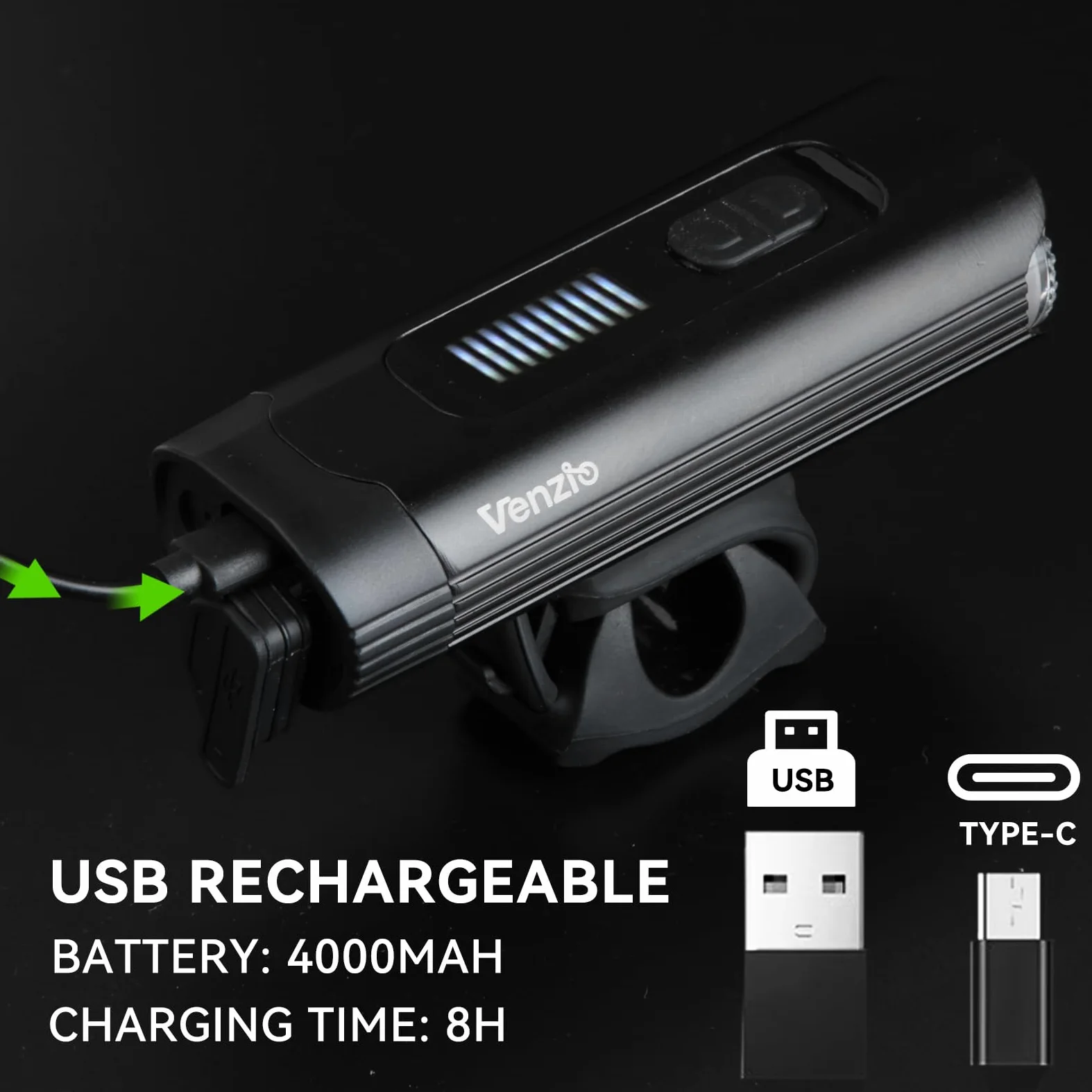 Venzio Luz LED frontal recargable USB-C de 1000 lúmenes, linterna frontal de batería de 4800 mAh, IPX4 impermeable, 8 modos de luz multifunción para conducción nocturna, carretera, montaña y uso en