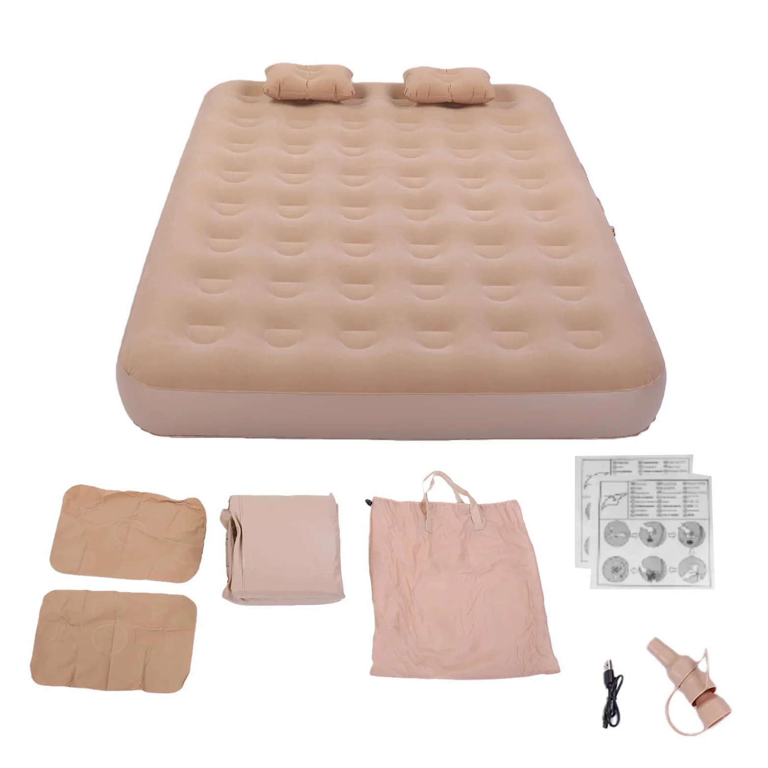 Colchón Autoinflable, Tamaño Doble con Bomba Incorporada y Capa Flocada, Cama Inflable Plegable, Ligera y Portátil para Huéspedes de Viajes de Camping (Colchón autoinflable Doble con 2