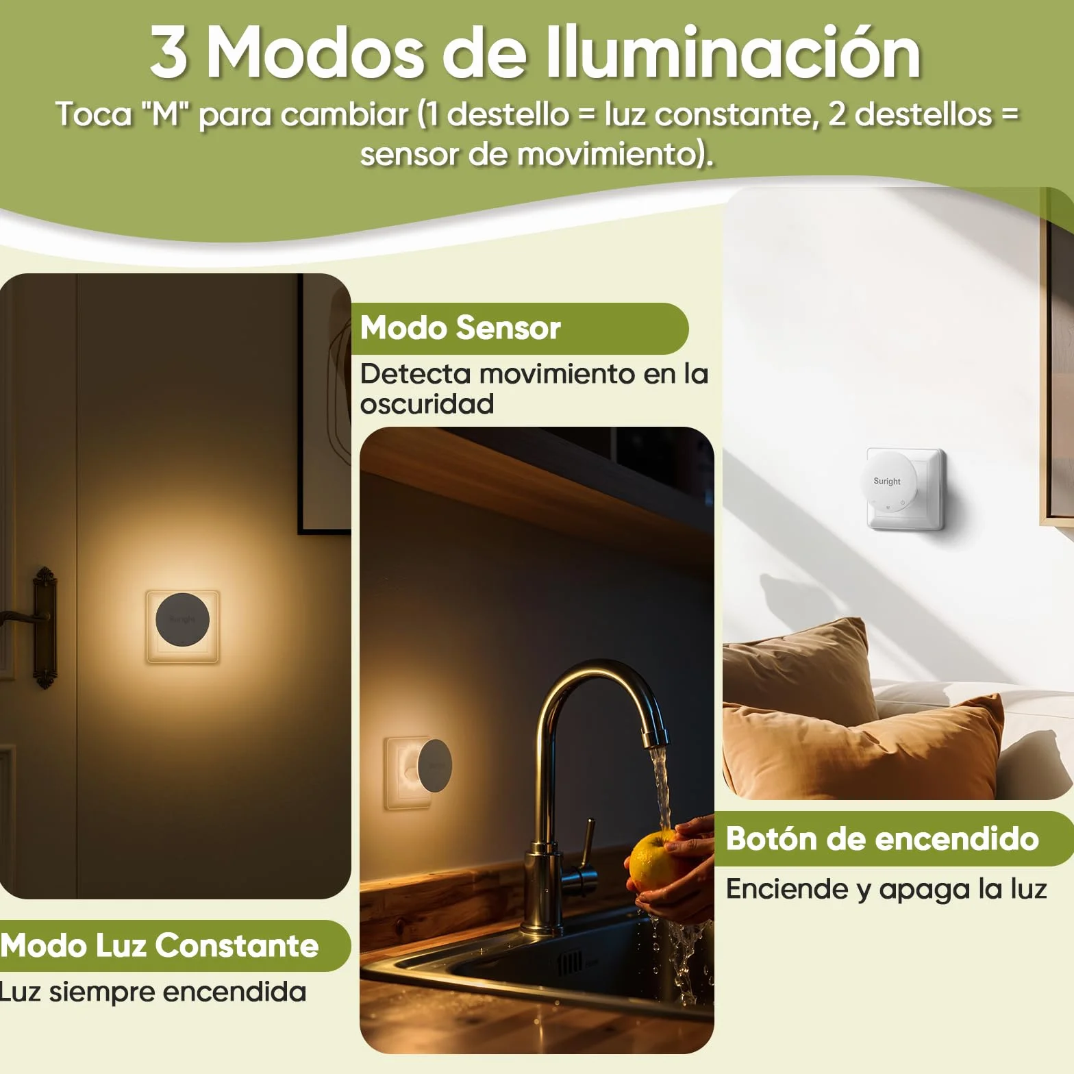 Luz Nocturna con Sensor de Movimiento, 2 Piezas, Blanco Cálido, 3 Modos, Brillo Ajustable, Control Táctil