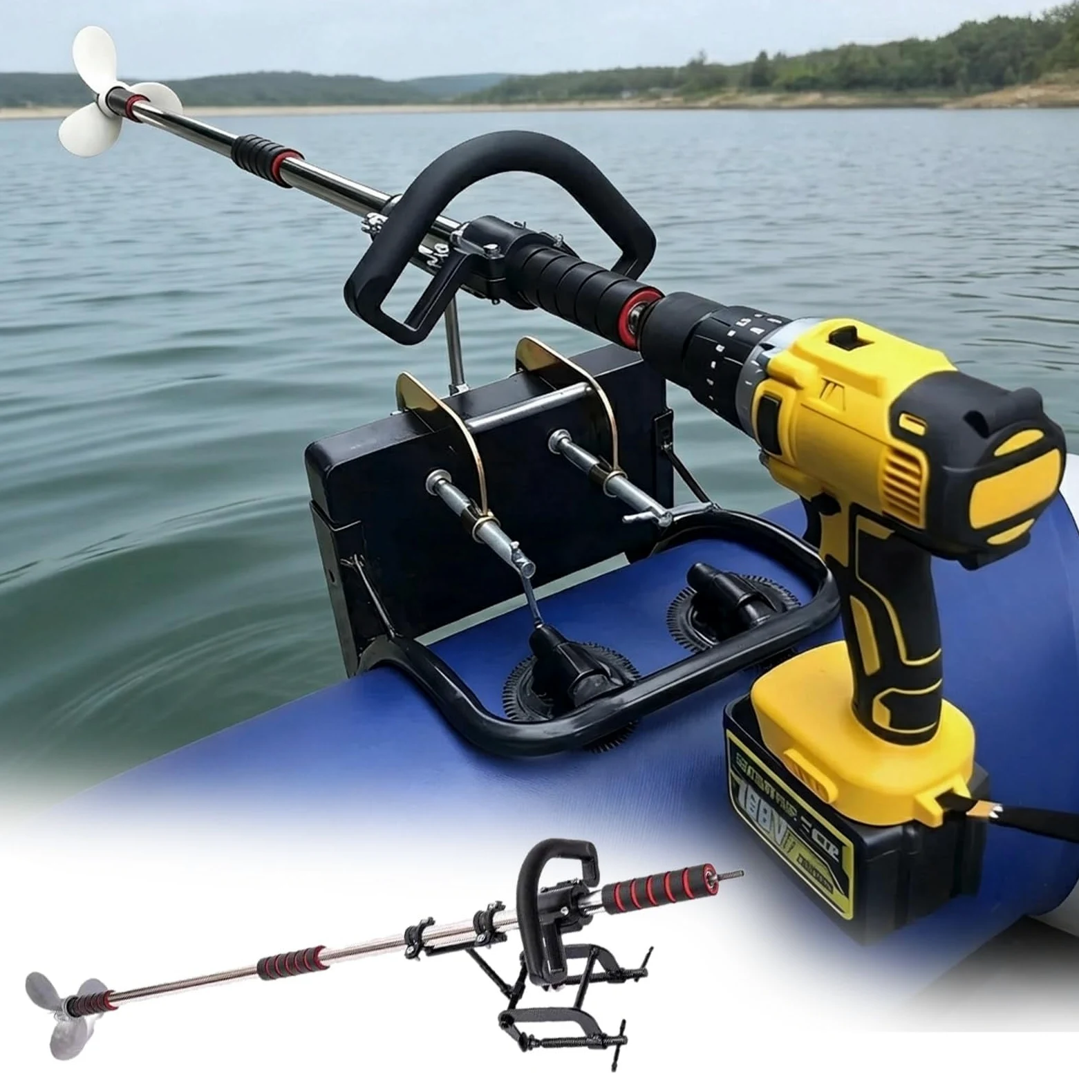 Hélice orientable accionada por Taladro para Kayak Pequeño Motor Fueraborda | Kit de propulsión para Kayak para Lagos y estanques, Incluye Soporte
