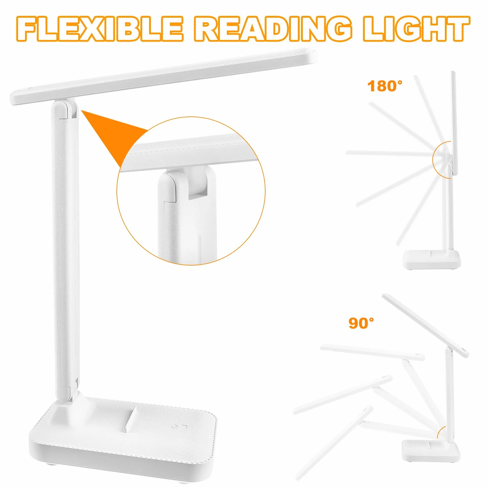 UKOFEW Lámpara Escritorio Led, Flexo de Mesa Plegable Ajustable sin Cables 3 Modos Atenuación, Blanco