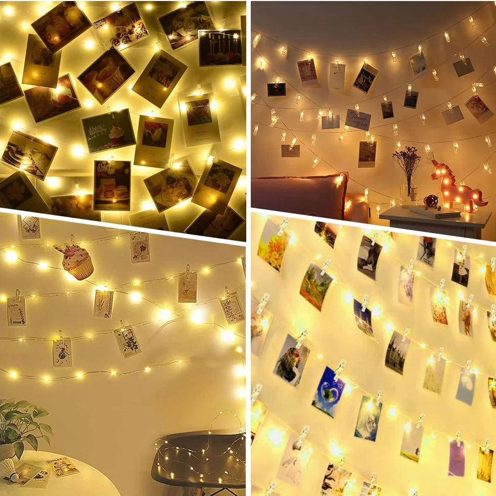 Clip Cadena de Luces LED 10M 100LED Batería 60Pinzas Transparentes Decoración Pared Dormitorio Fiesta Navidad