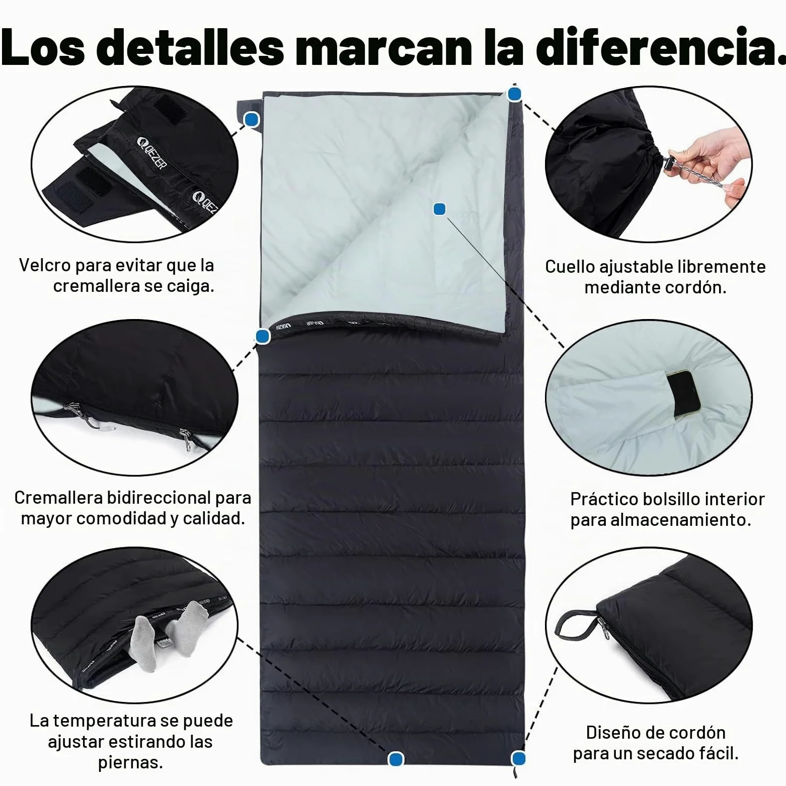 Saco de Dormir Plumón Invierno 1000g - 3 en 1, Diseño de Cámaras Térmicas sin Capucha, Compresión 40x21cm (Camping/Senderismo) - Conectable para Parejas