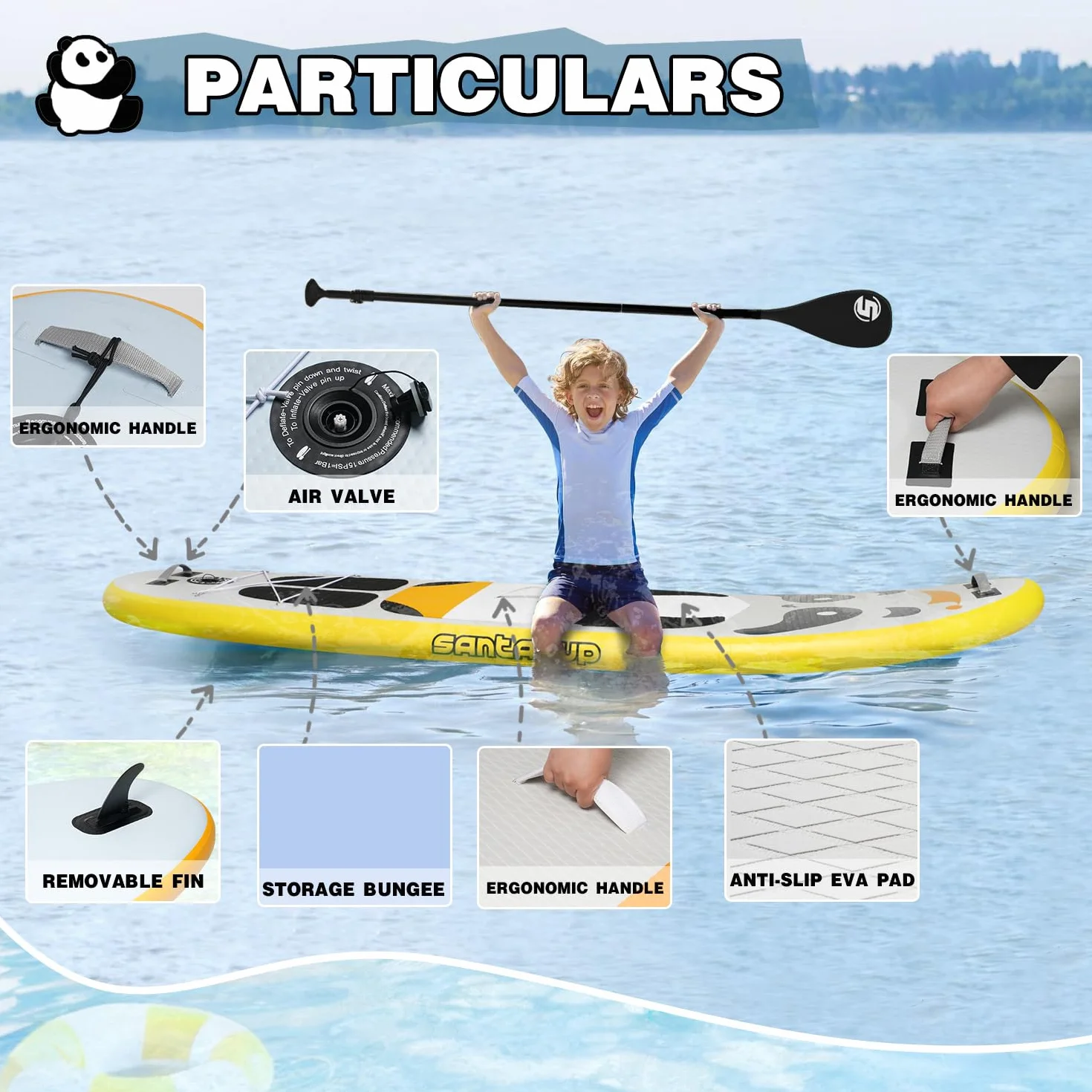 Tabla de Remo Inflable para niños, Panda Azul de 8 pies con Accesorios de Tabla de Remo para niños, Tabla de Remo Duradera, diseño Estable, Amplia Cubierta Antideslizante, Bomba de Mano para
