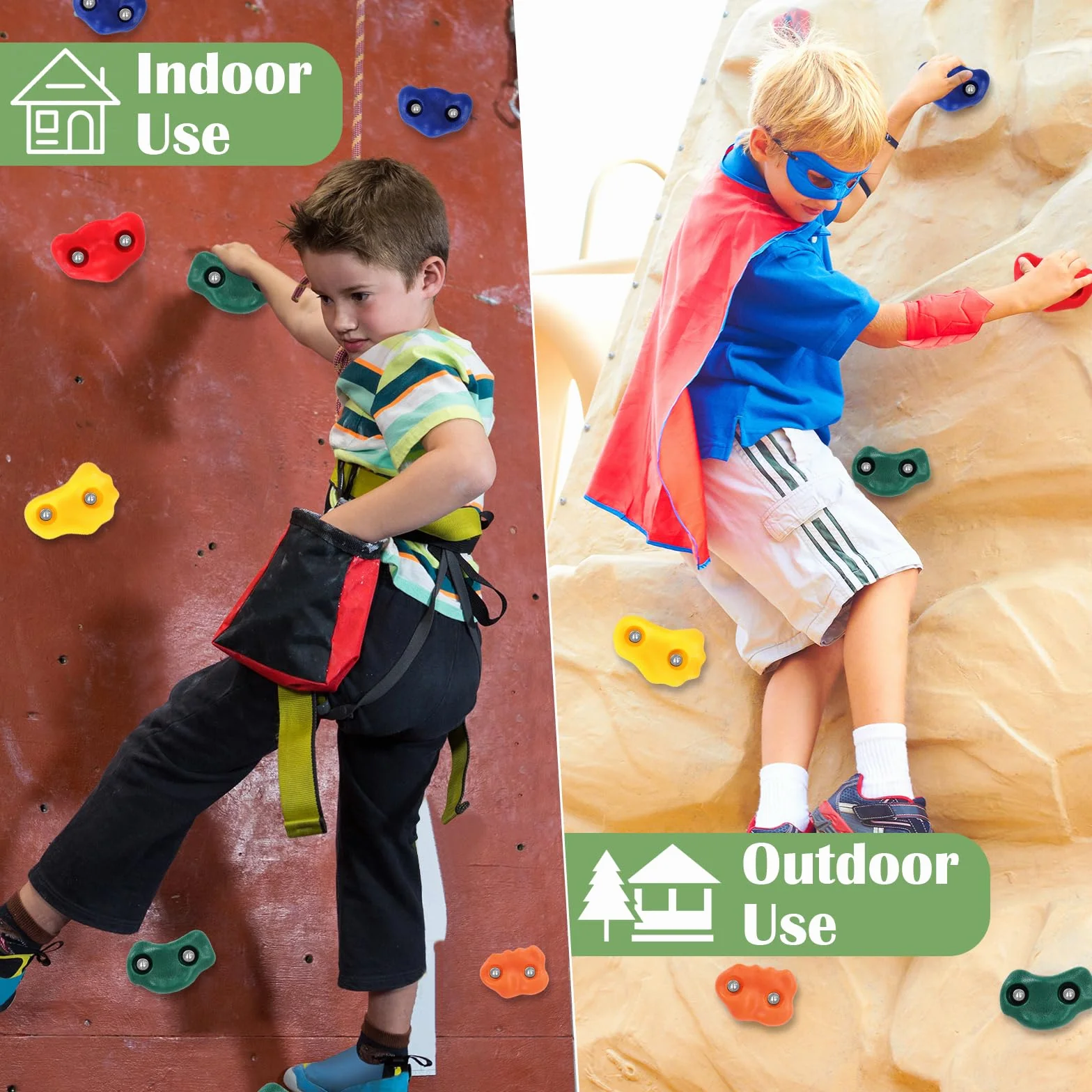 20 Piezas Presas Escalada Niños, Piedras escalada al Aire Libre | Soportes Escalada Accesorios con 270 cm Cuerda Escalada Anudada y 2 Agarraderas Verdes para Juegos Infantiles Interior y Exterior