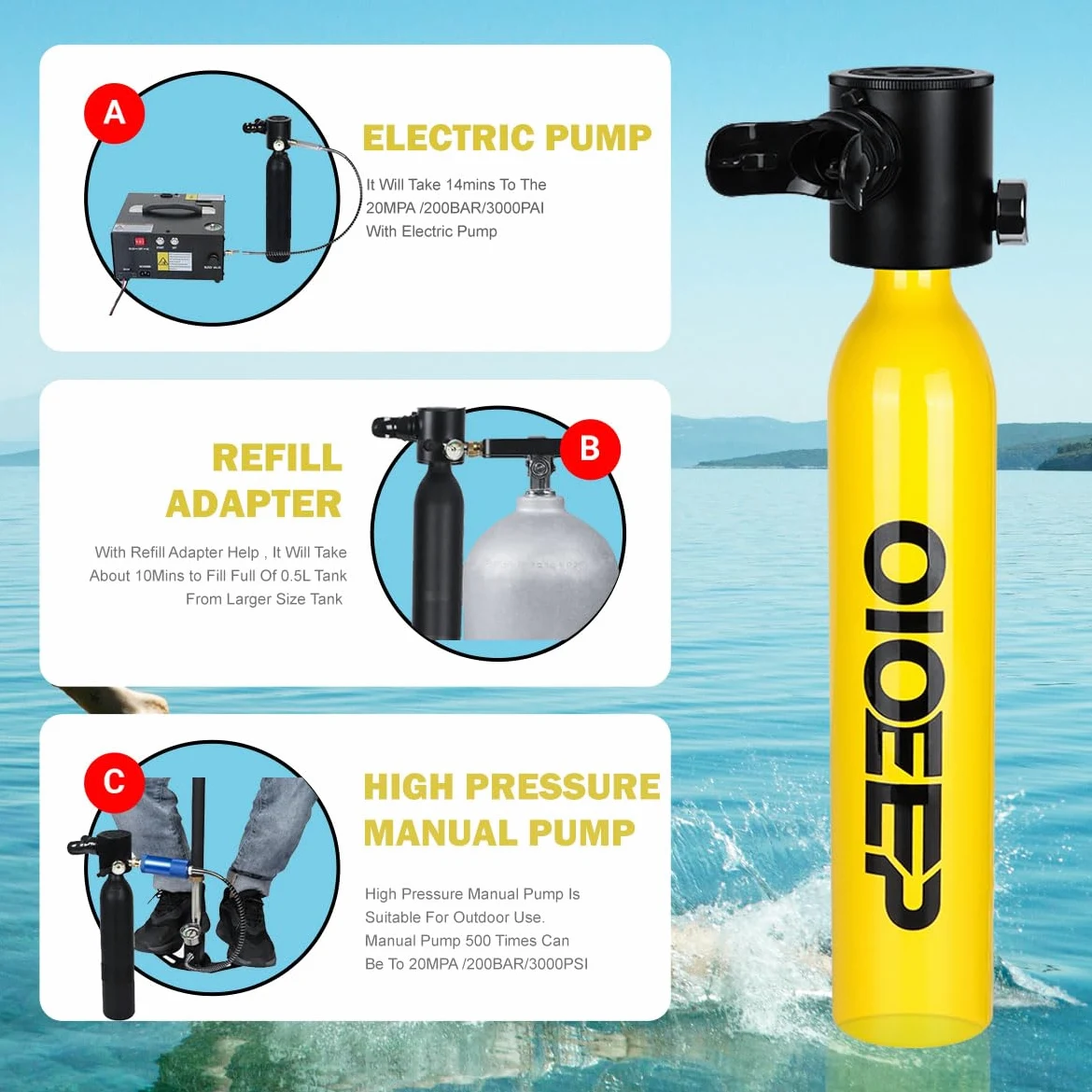 Mini tanque de buceo de 0,5 L, tanque de pulmón portátil de 0,5 L, sistema de respiración subacuática de 5 a 10 minutos para familia, fiesta y viaje, kit de buceo