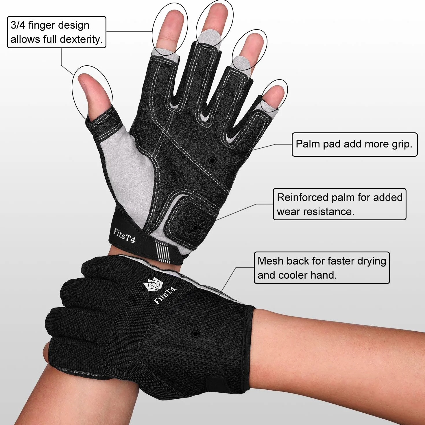 FitsT4 Sports Guantes de Kayak con Dedos 3/4, Palma Acolchada y Dorso de Malla para Mayor Comodidad navegar, remar, Practicar piragüismo, Kayak y Surf de Remo