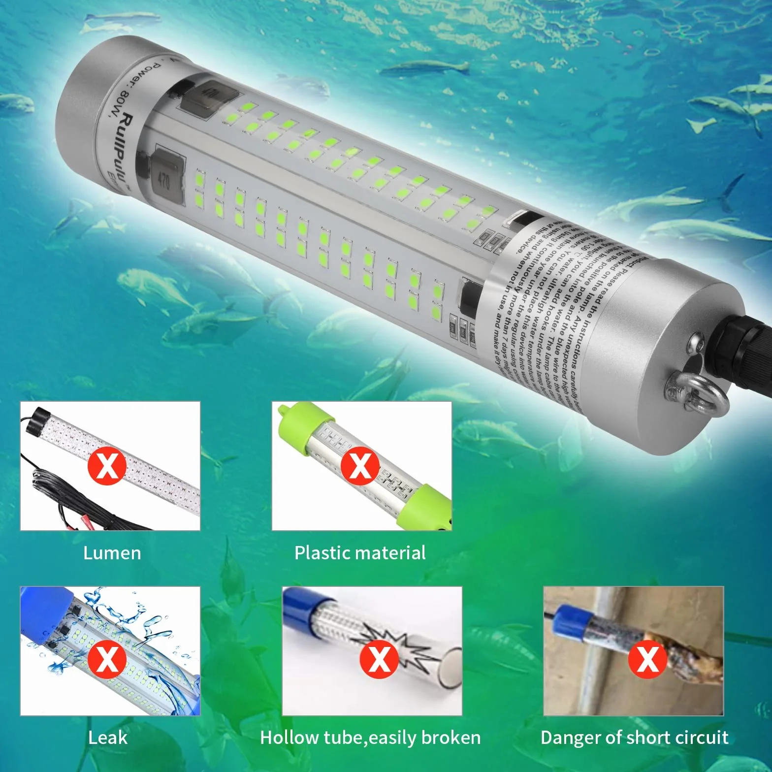 Luz de pesca submarina superbrillante de 80W 9600 lúmenes, impermeable IP68, alliage d'aluminium durable, para pesca nocturna, señuelo y cebo para barco, kayak y muelle (luz verde)