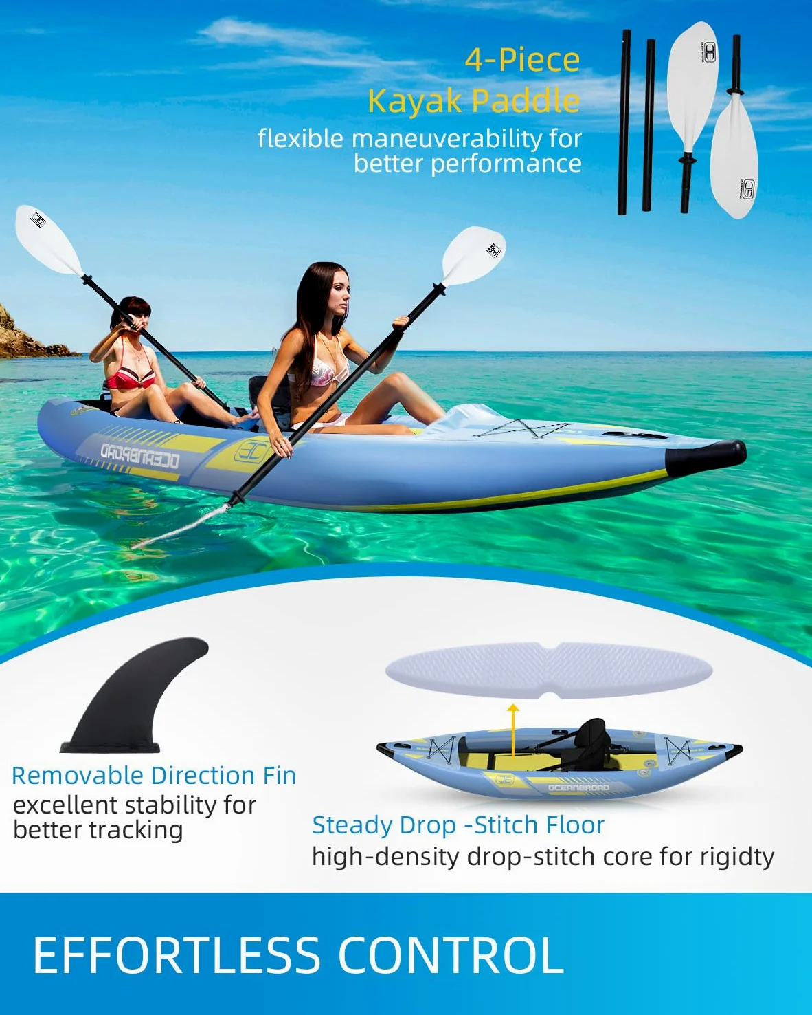 OCEANBROAD Kayak inflable sentado con remo, asiento de kayak, pedal, bomba de mano y bolsa, 1 persona/2 personas, azul/azul cielo