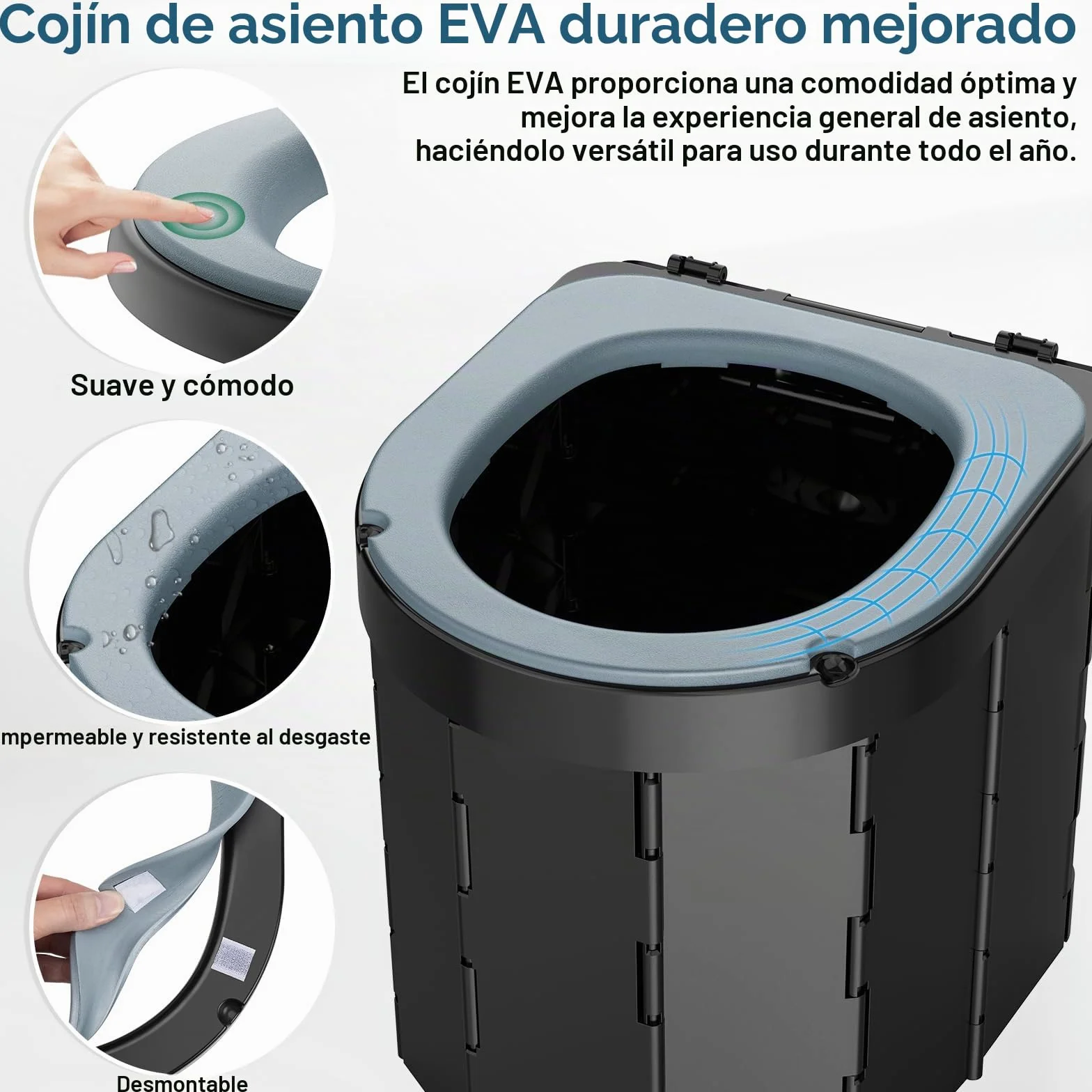 WADEO Inodoro portátil de camping y para coche con cómodo asiento de EVA, inodoro plegable para adultos, cubo higiénico con tapa integrada, portarrollos, soporte para el móvil y 20 bolsas