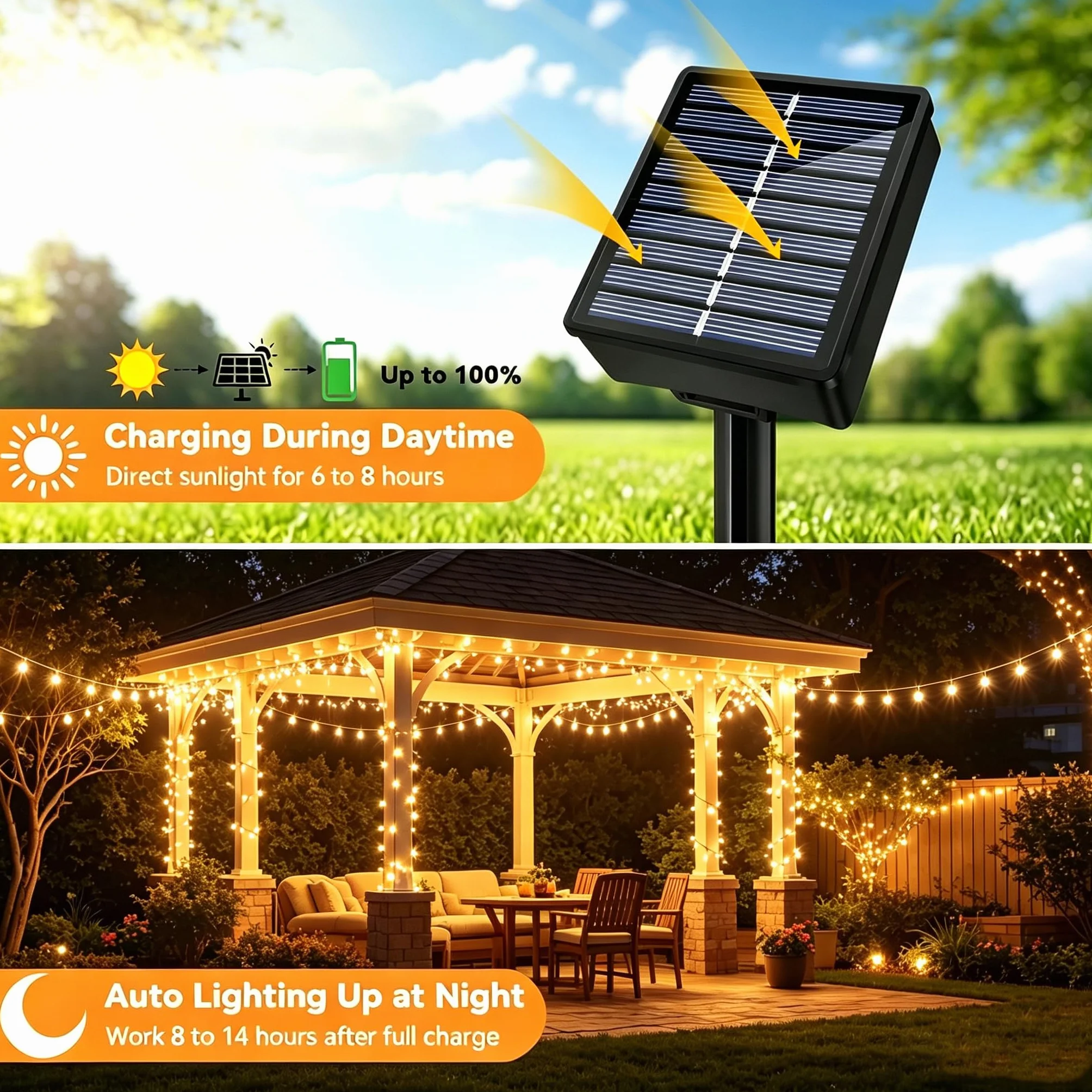 Guirnalda LED Solar Exterior 2Pack 15M Luces Solares Impermeable IP65 Blanco Cálido