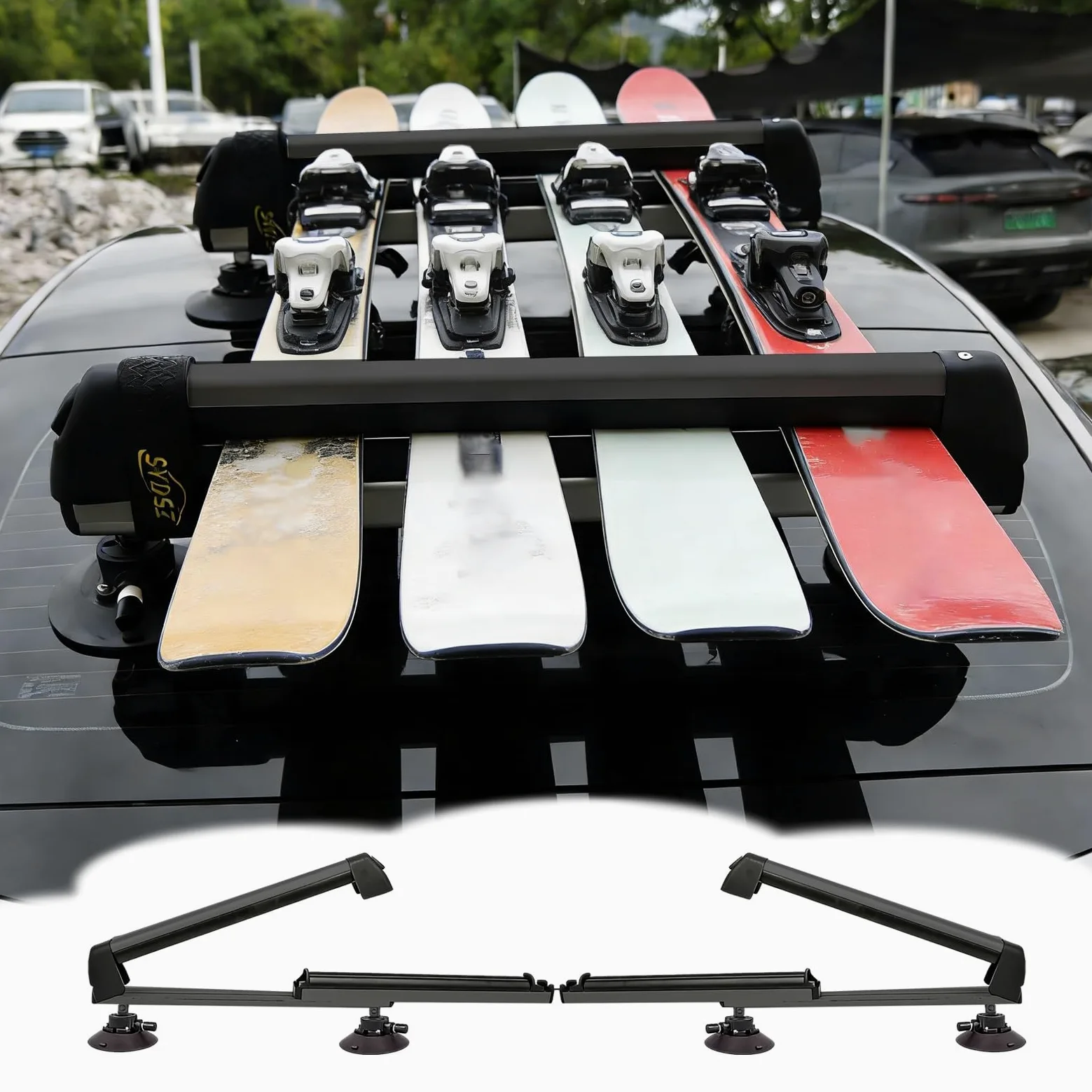 Portaesquis Portaesquís Telescópico sin Barras (2 Unidades) Almacenamiento Universal para Tablas de Snowboard, Surf y Esquís en El Techo, Porta Skis para Coche(Black)