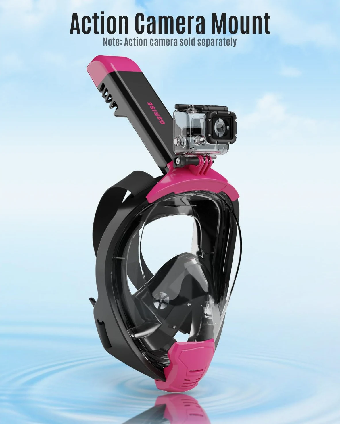 G2RISE Máscara de esnórquel para adultos, máscara completa con soporte para cámara extraíble, absolutamente seguro para el CO2 (negro, rosa, XL)