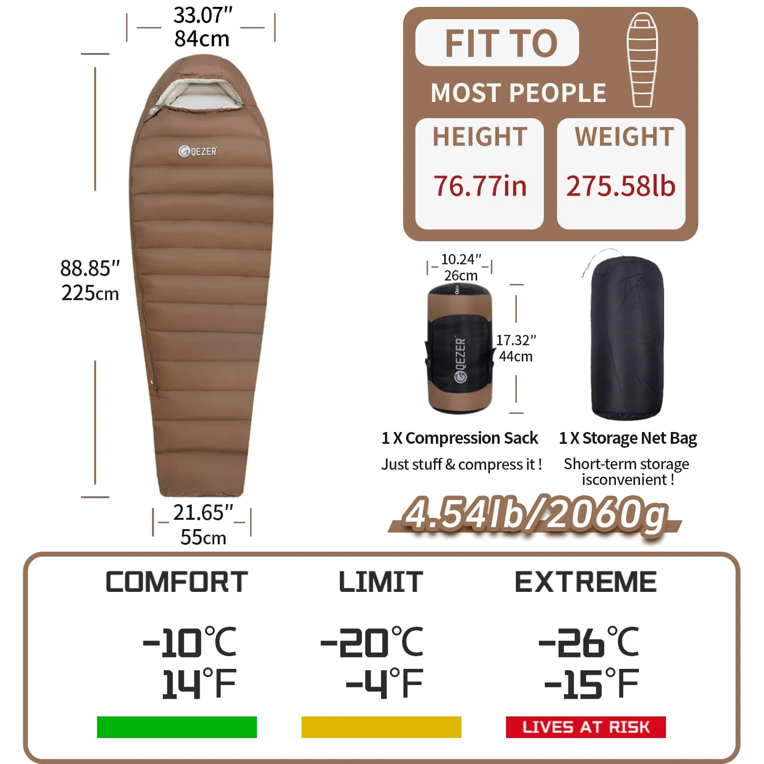 Saco de dormir de 0 grados para adultos con relleno de 650 grados para clima frío, tamaño grande y ligero