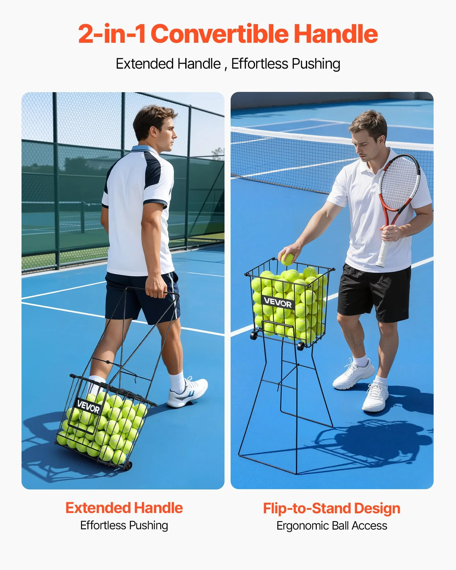 VEVOR Recogepelotas de Tenis con Ruedas y Mango, Capacidad para 75 Pelotas o 52 Pickleball, Cesta Portátil de Tenis con Soporte, Altura Ergonómica, Carro de Acero para Entrenamiento y Almacenamiento