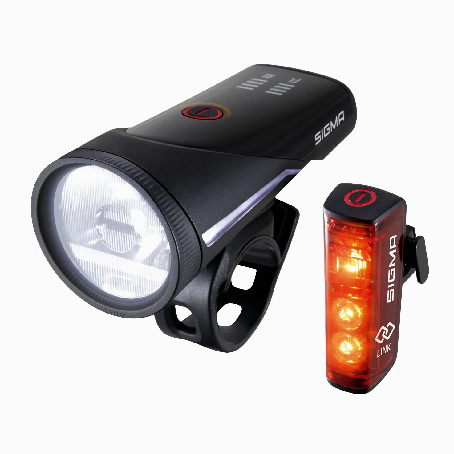SIGMA Aura 100/Blaze Link kit de luces para bicicleta (soporte de silicona) | Innovadora función de acoplamiento Luz LED delantera para bicicleta de 100 lux | Luz trasera con función de luz de freno