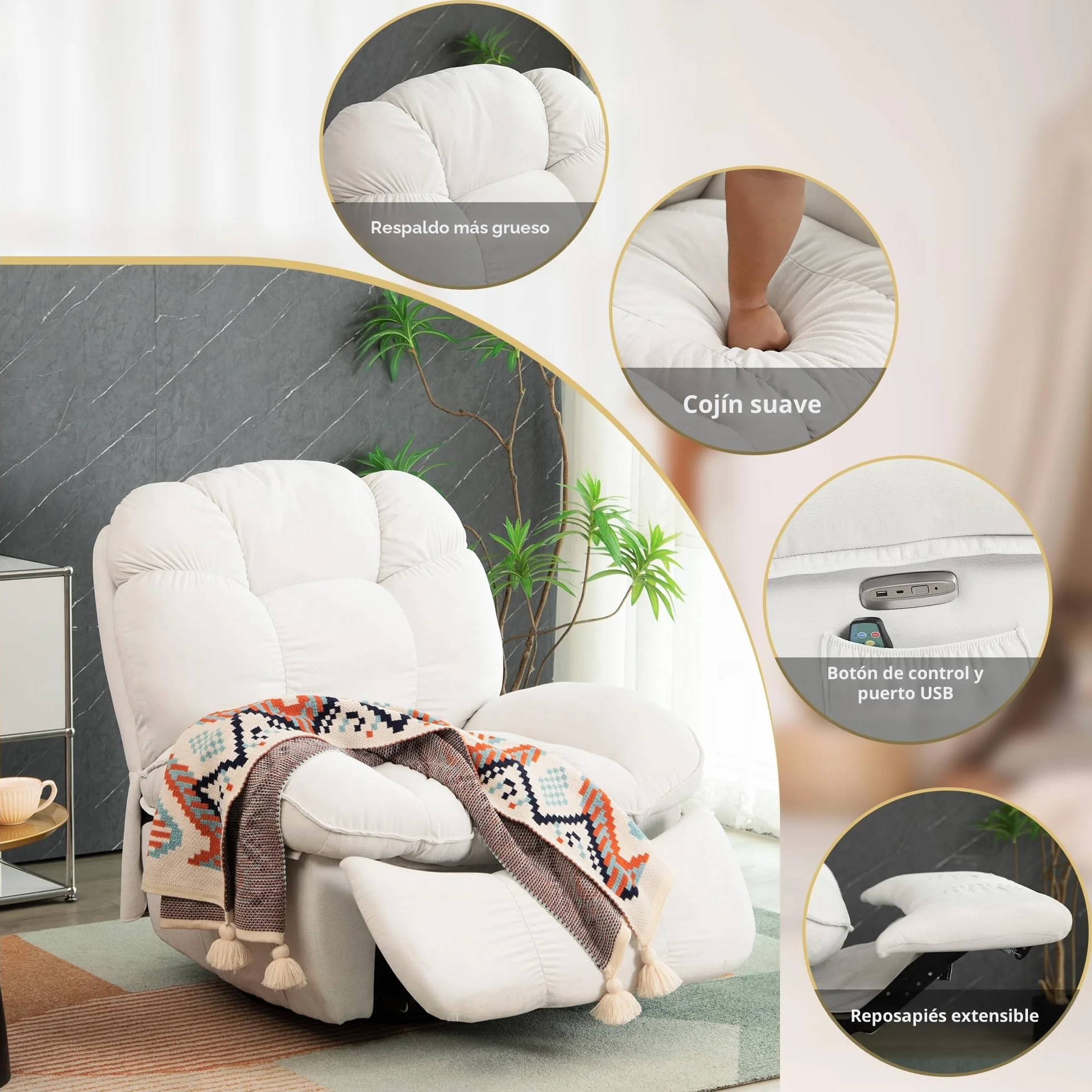 Sillón Relax Reclinable Eléctrico con Calefacción y Puertos USB-C, Blanco