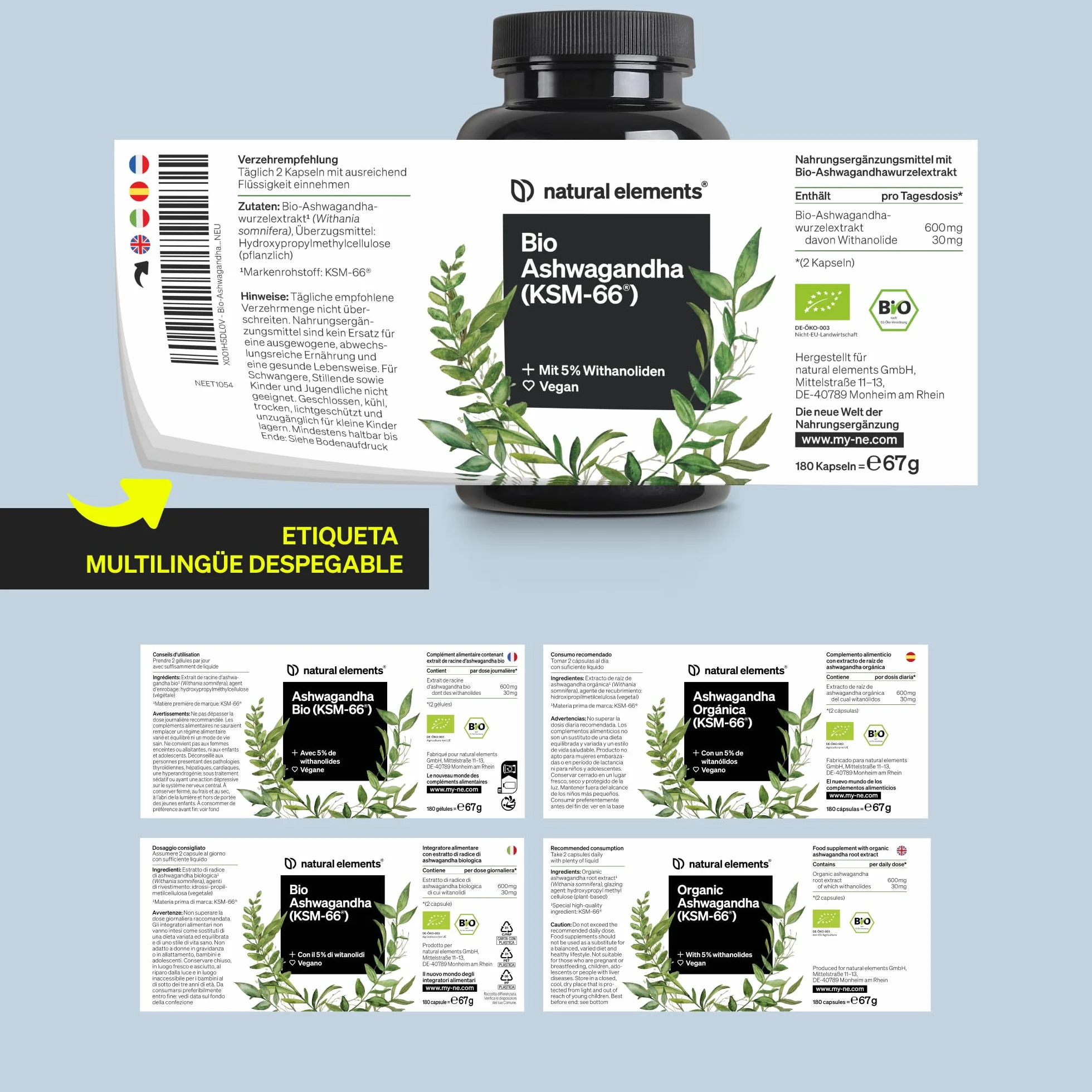 Ashwagandha KSM-66® 600 mg extracto de raíz orgánica 180 cápsulas vegana probada en laboratorio