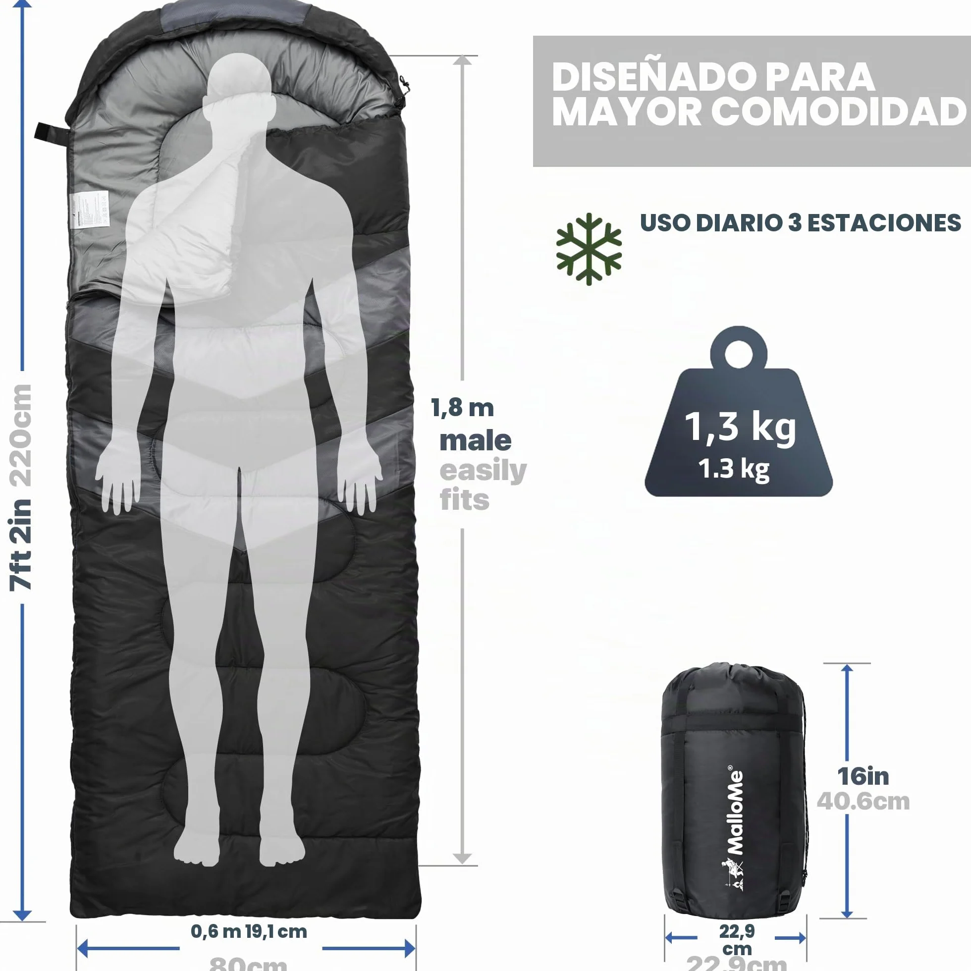 MalloMe – Saco de Dormir para Adulto, niño, Invierno, Verano, Primavera, otoño, plumón para 1 Persona, Impermeable, Bolsas de Dormir y Senderismo – Bolsa de Dormir Ultraligera, compacta para Dormir
