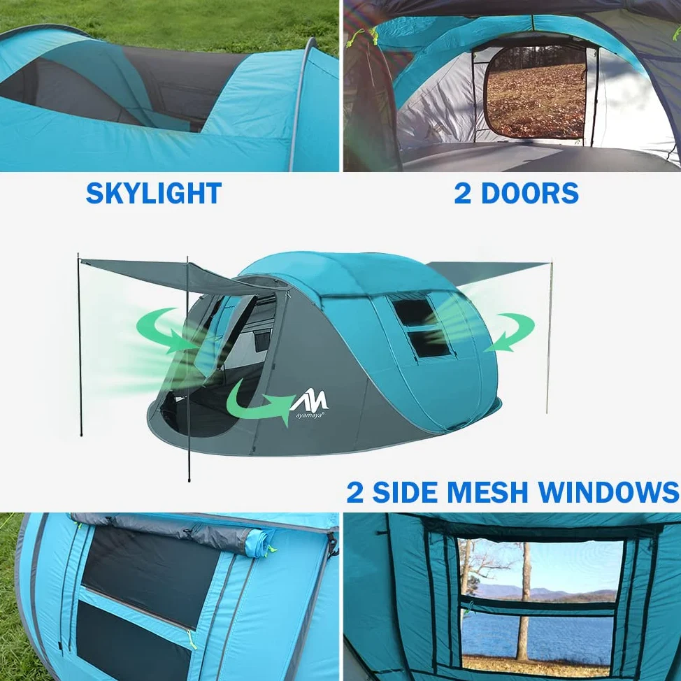 AYAMAYA - Tienda de campaña desplegable para 4 personas, impermeable, instantánea, con tragaluz y mosca extraíble, tamaño grande mejorado con 2 puertas, tienda de playa automática de fácil instalación