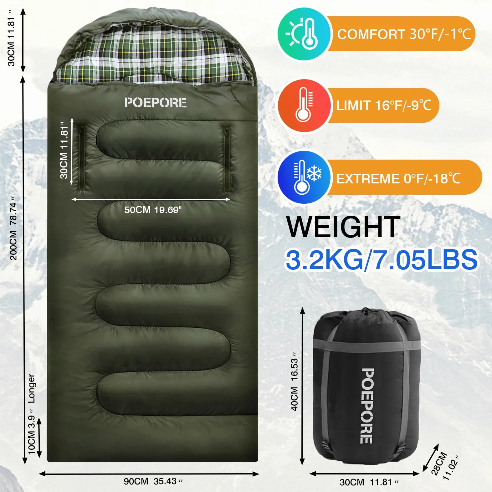 Saco de dormir de franela de algodón de 0 grados para clima frío para adultos, XXL, saco de dormir portátil para 4 estaciones, impermeable, con saco de compresión