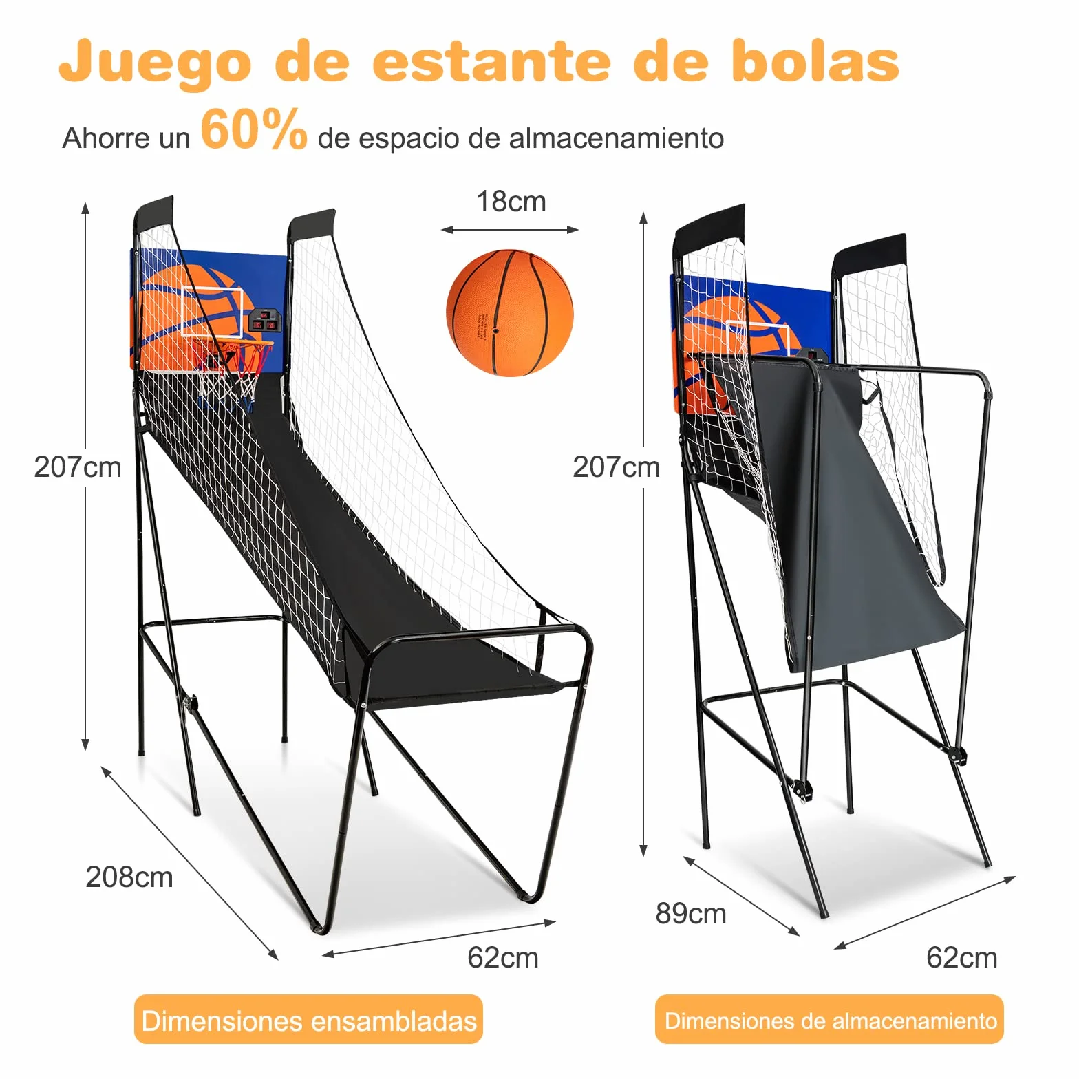 COSTWAY Juego de Canastas de Baloncesto Portátil Plegable con Marcador Electrónico y Compresor, 3 Pelotas, 208 x 62 x 207 cm