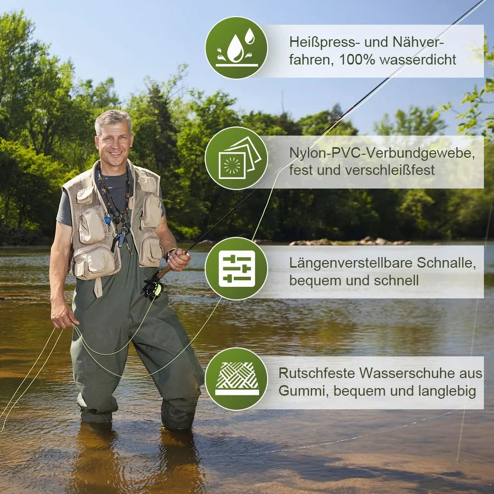 Daromigo Pantalones de vadeo para hombre, impermeables, material de PVC 70D, con botas, resistentes al agua, neopreno para pesca, deportes acuáticos y aventuras al aire libre