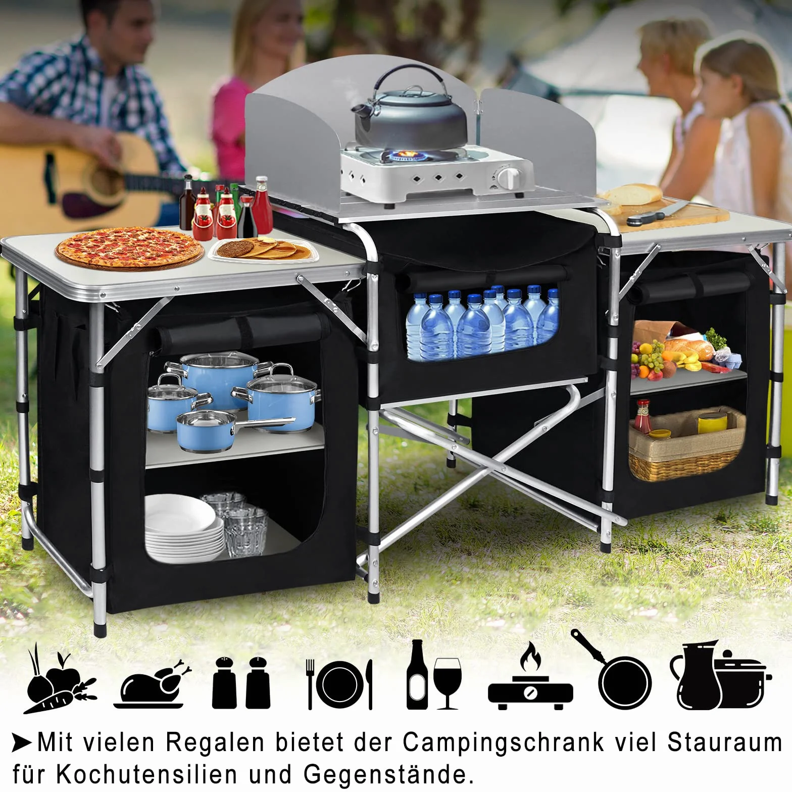 Mesa de camping plegable con estructura de aluminio, armario de camping para exteriores, incluye bolsa de transporte para senderismo, picnic, 174 x 52 x 110 cm
