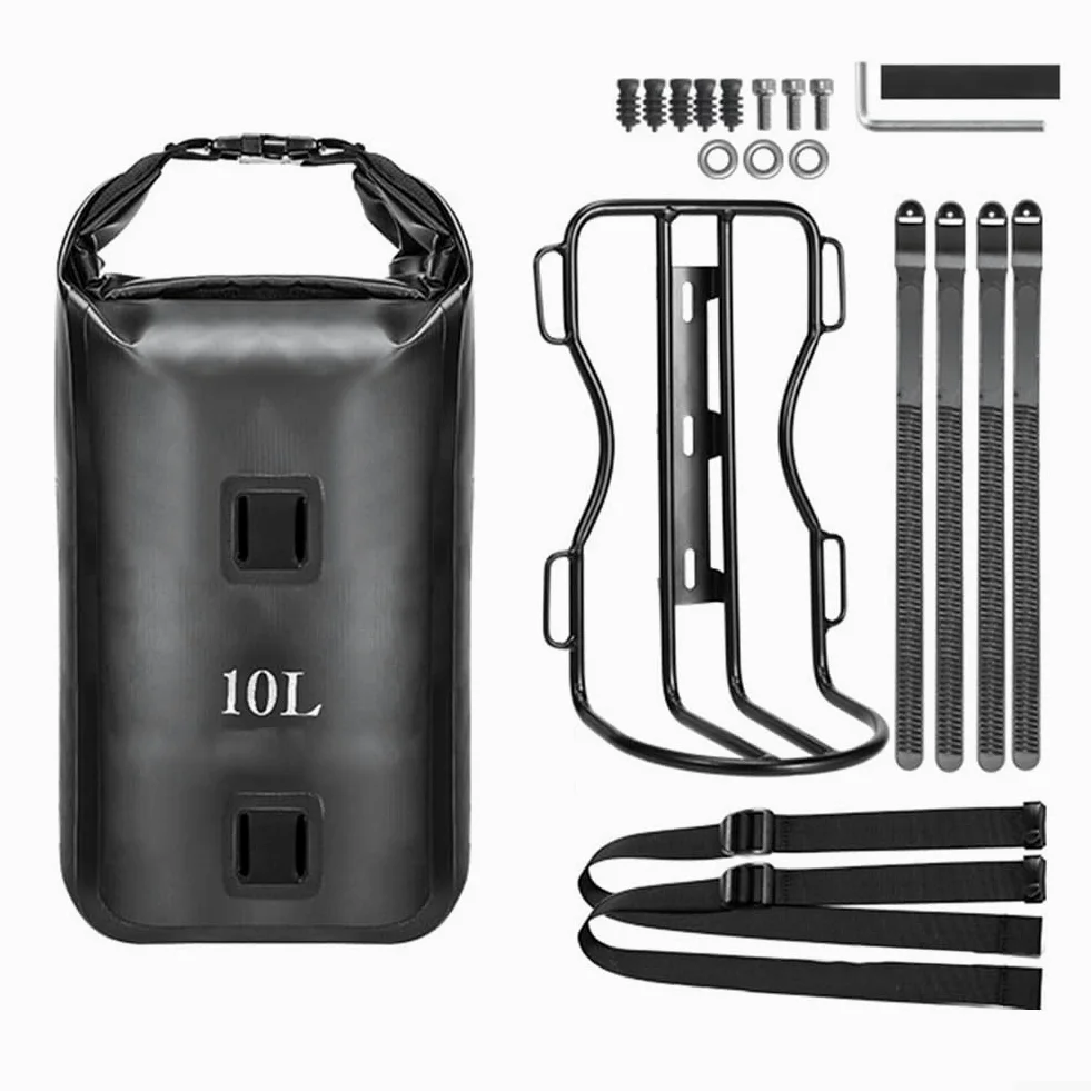 Bolsa de horquilla delantera para bicicleta con soporte de aleación de aluminio compatible con scooter, bicicleta de carretera, bicicleta eléctrica, volumen de 10 L (2 soportes + 2 bolsas)