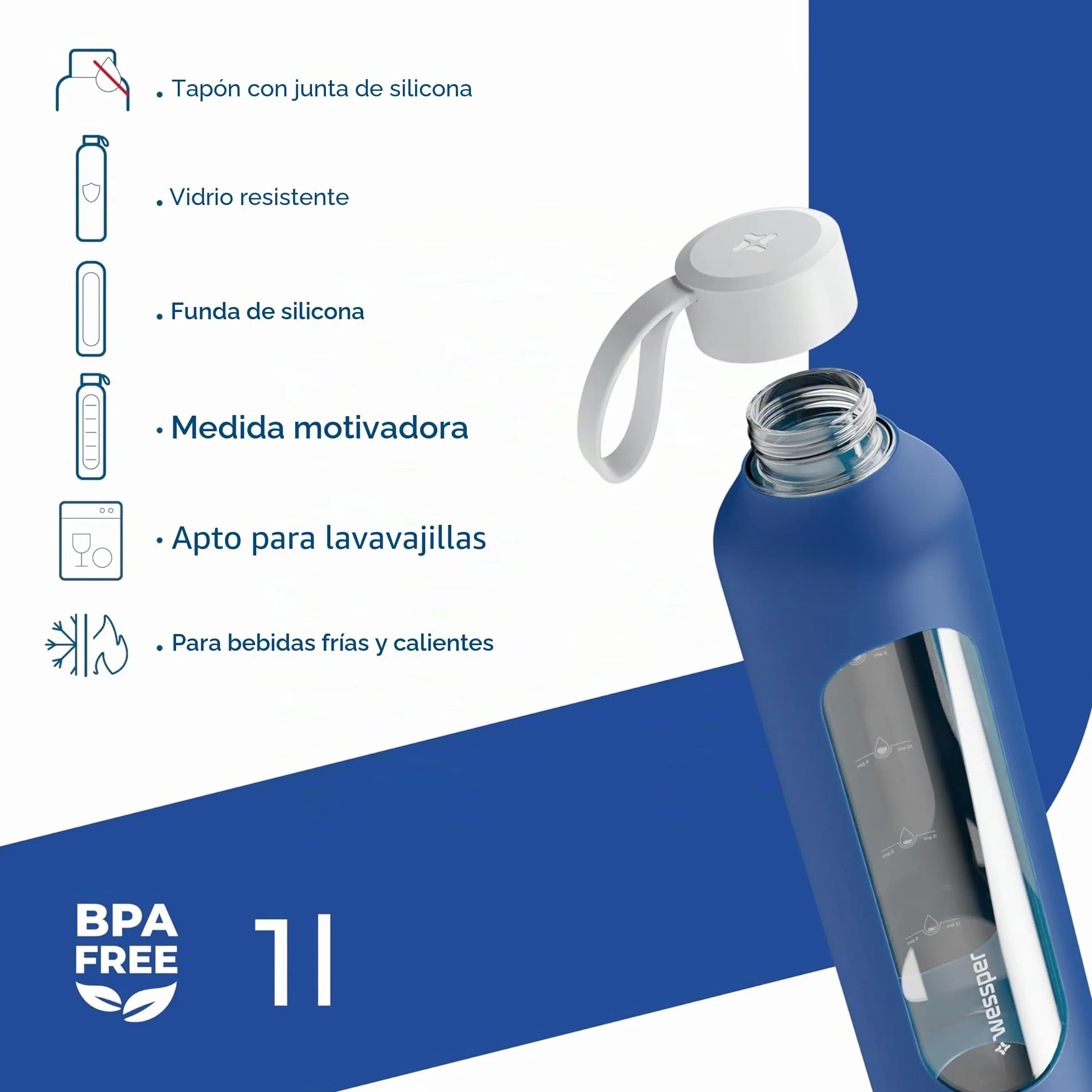Wessper Botella de Agua Cristal, Botella 1 Litro Motivadora con Escala de Hidratación, Botellas de Vidrio Borosilicato con Funda de Silicona, Material Seguro sin BPA - Azul