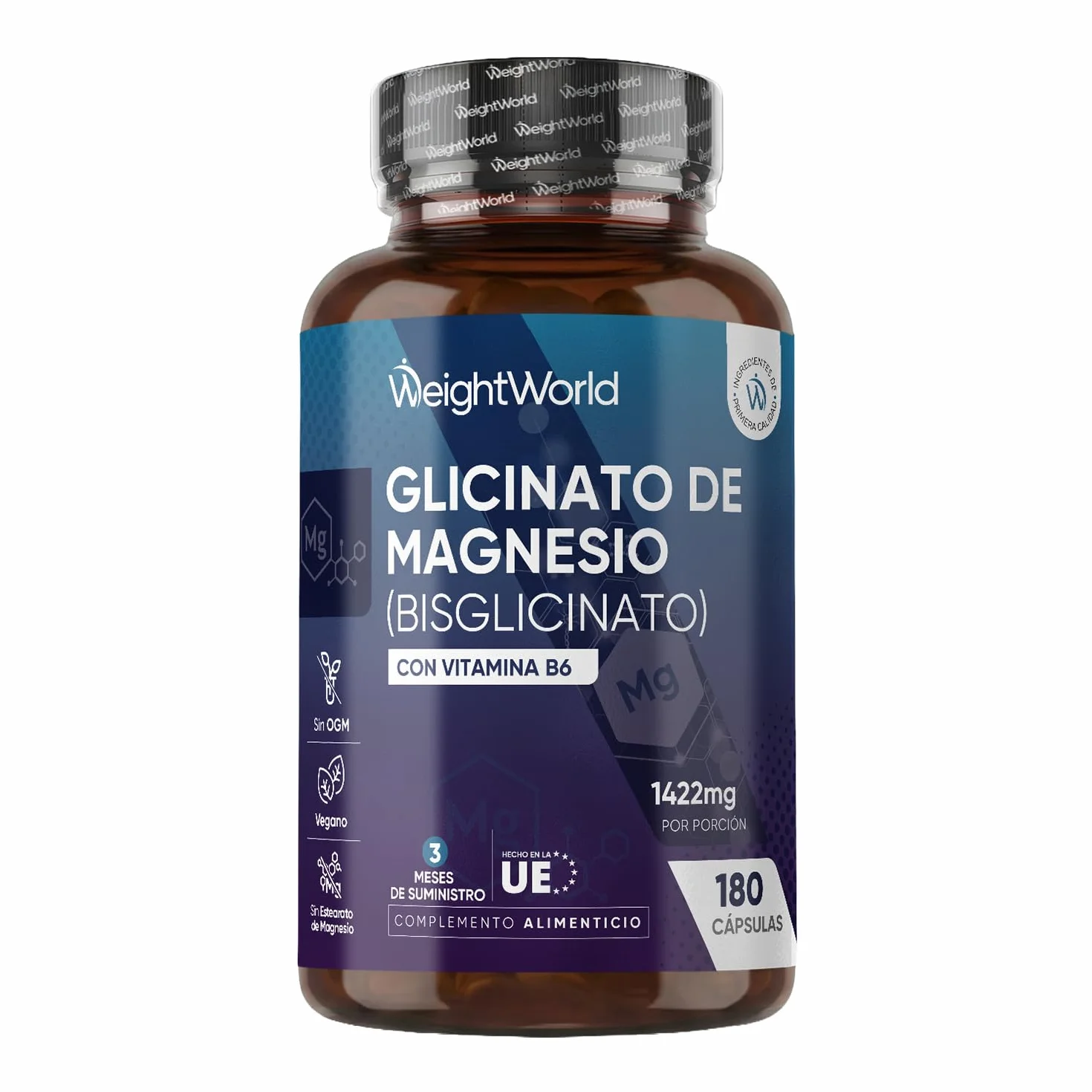 Glicinato de Magnesio 1422mg con Vitamina B6 - 180 Cápsulas Veganas, 200mg Magnesio Puro, Sin OGM