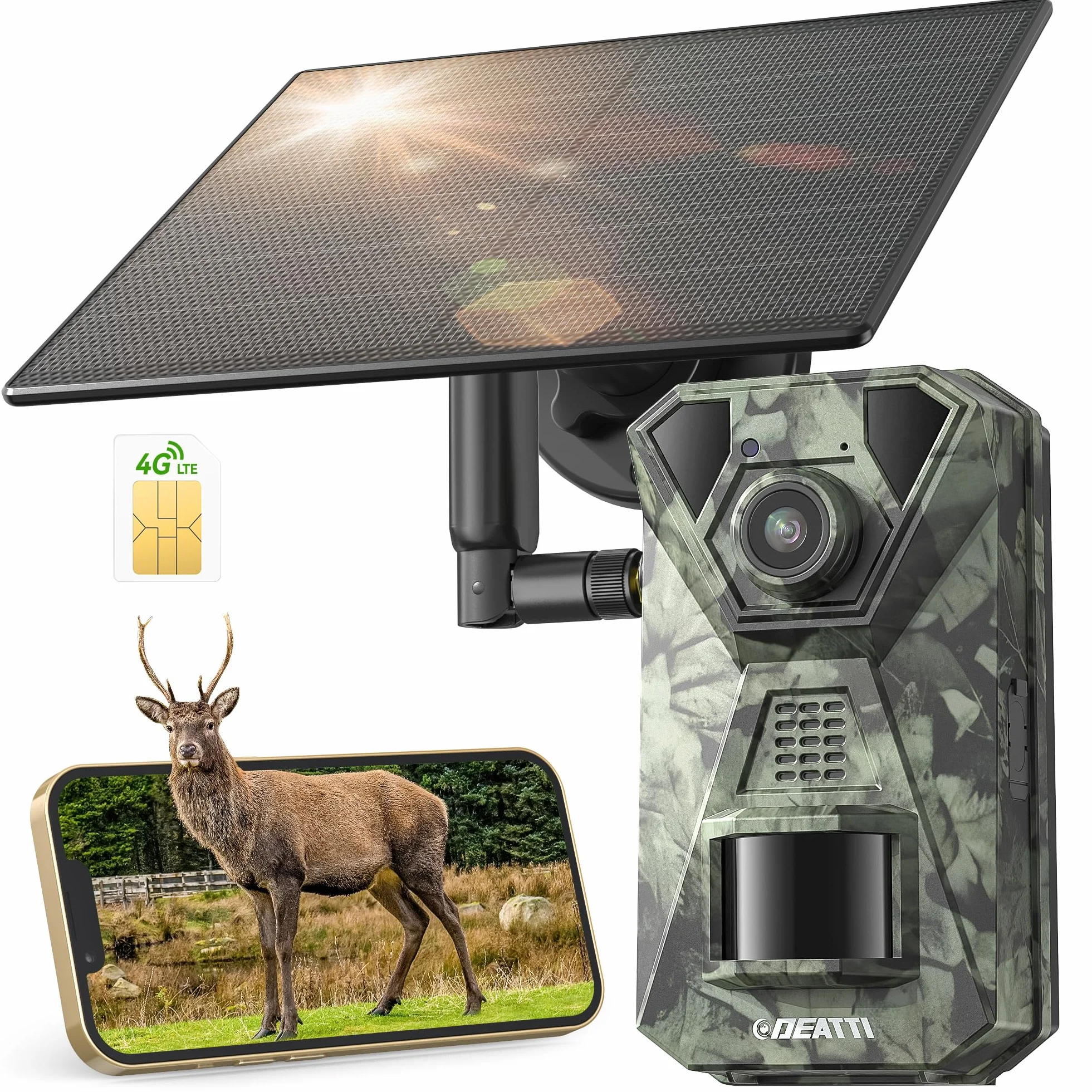 DEATTI Camara Fototrampeo Solar 4G LTE Camara Caza, Tarjeta SIM Camara de Caza Nocturna 940nm Invisibles IR Leds IP66 Impermeable, con Batería Incorporada de 7800mAh（Sin Tarjeta SD）