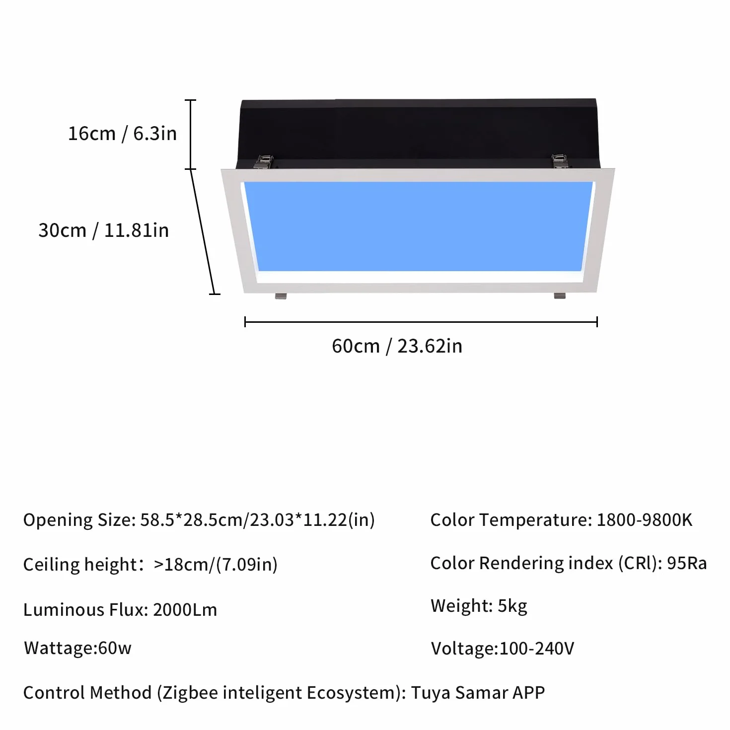 Luz LED de techo ambiental Azul cielo 60x30x16 cm para sótano garaje cocina dormitorio