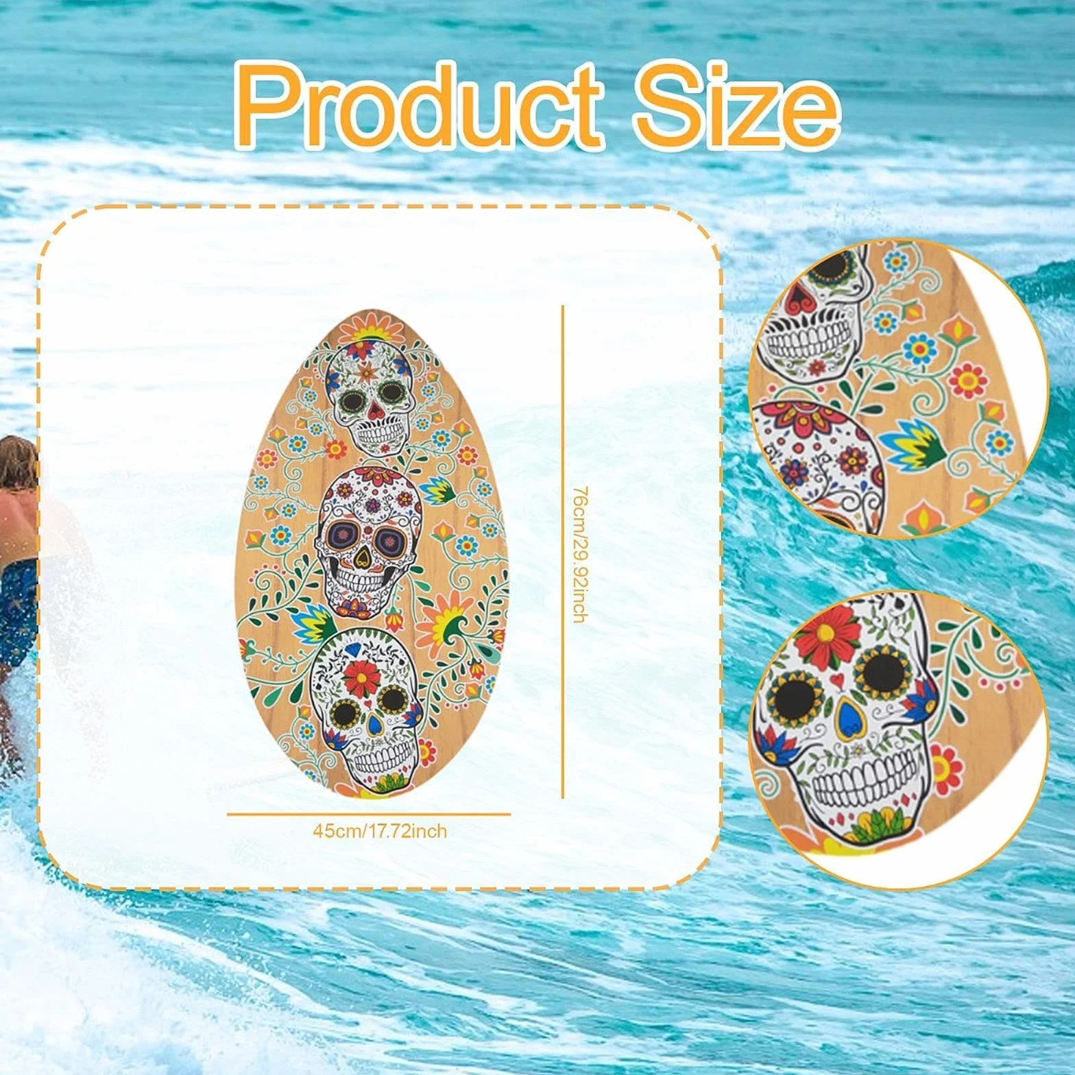 Skeleton Impreso Skimboard Madera 30 Pulgadas Plano Surf Ligero para Niños Adultos