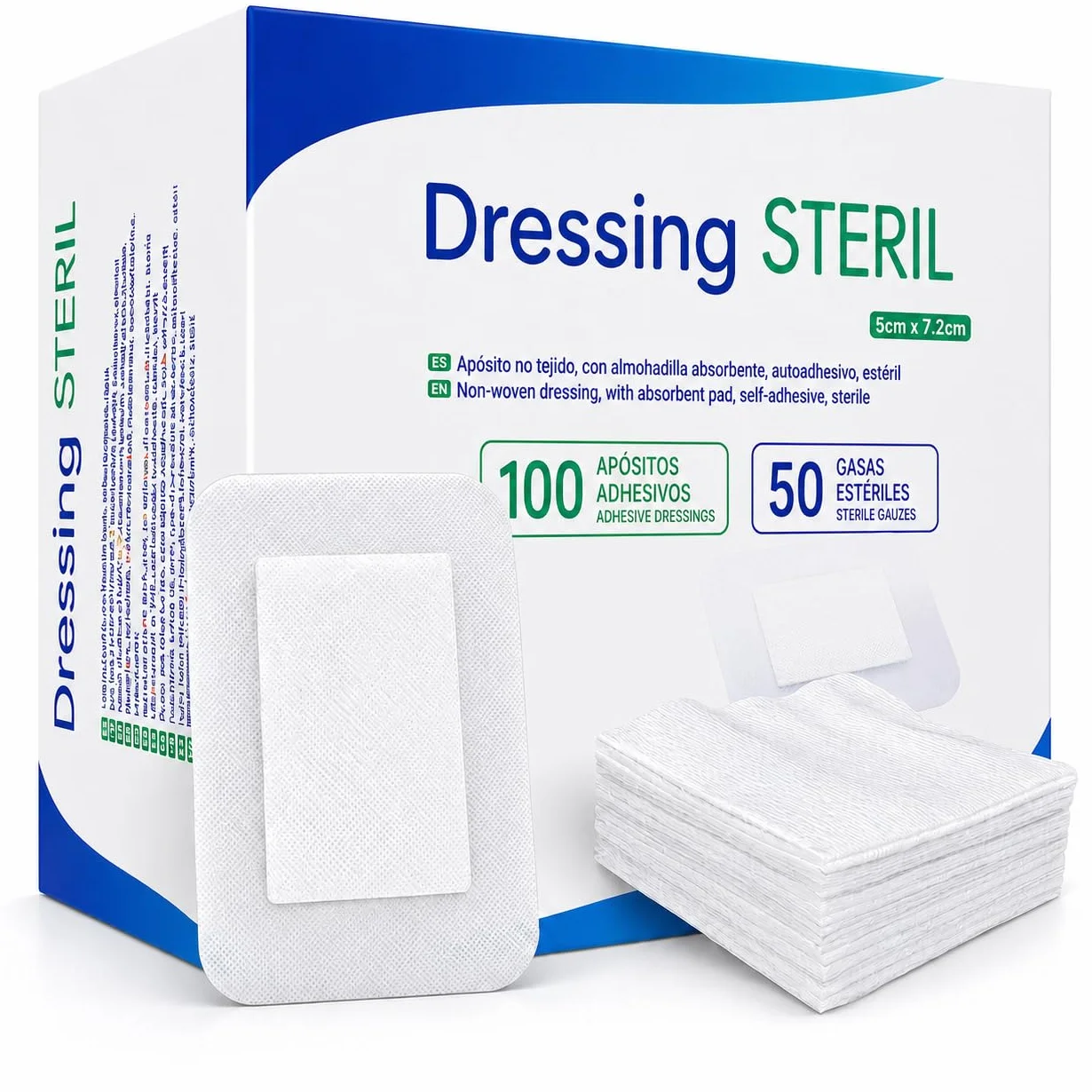 Apósitos Adhesivos Estériles Transpirables 100 Unidades + 50 Gasas Esteriles 5cm x 7,2cm 5cm x 5cm Pack 150