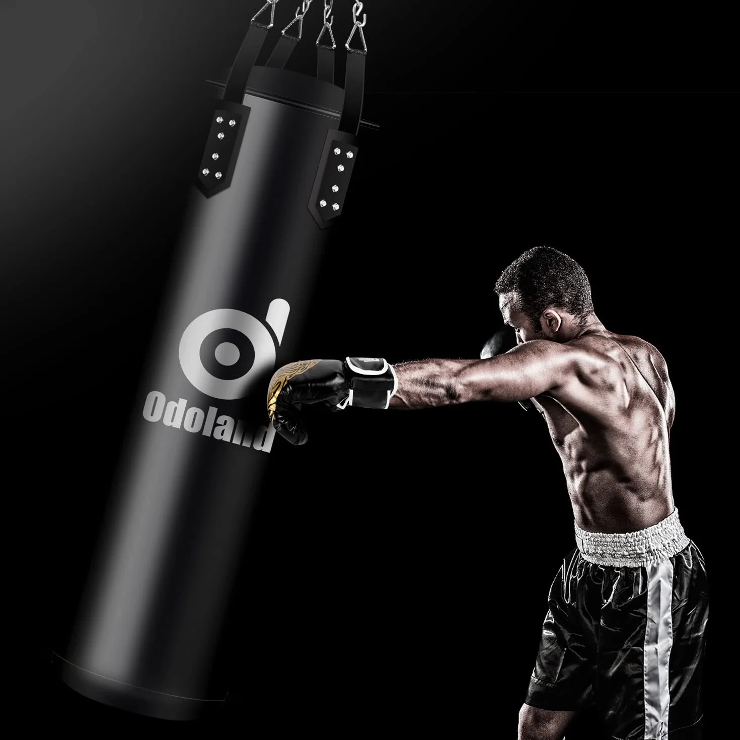 Odoland 6-en-1 Kit de Sacos de Boxeo Sin Relleno 120 cm Bolsa Pesada Kick Boxing 68 kg con Guantes 12 oz Vendajes Cadenas Negro
