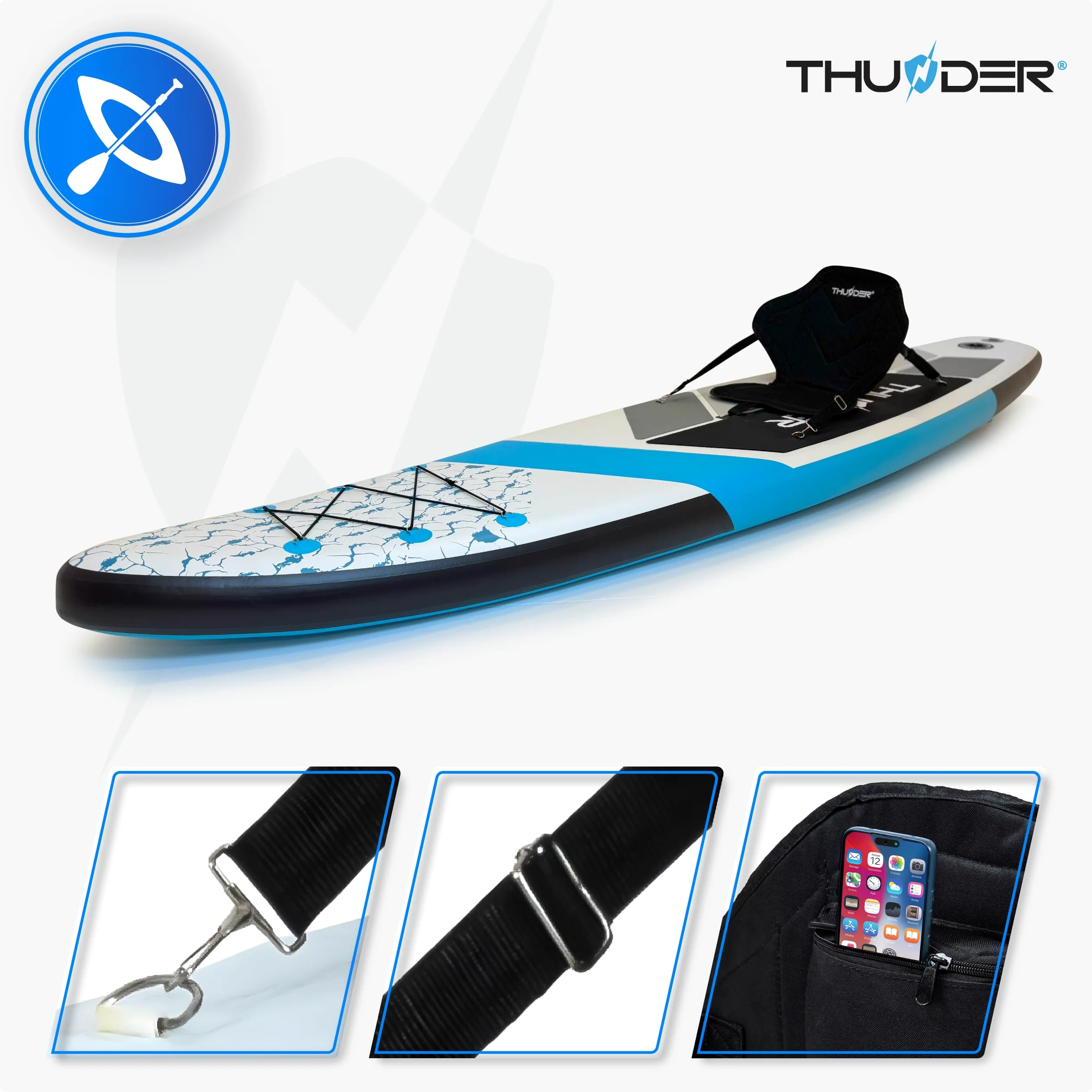 THUNDER Tabla de Sup Inflable 320 cm con Asiento de Kayak – Set con Remo, Bomba y Mochila – Estable y Antideslizante para Adultos