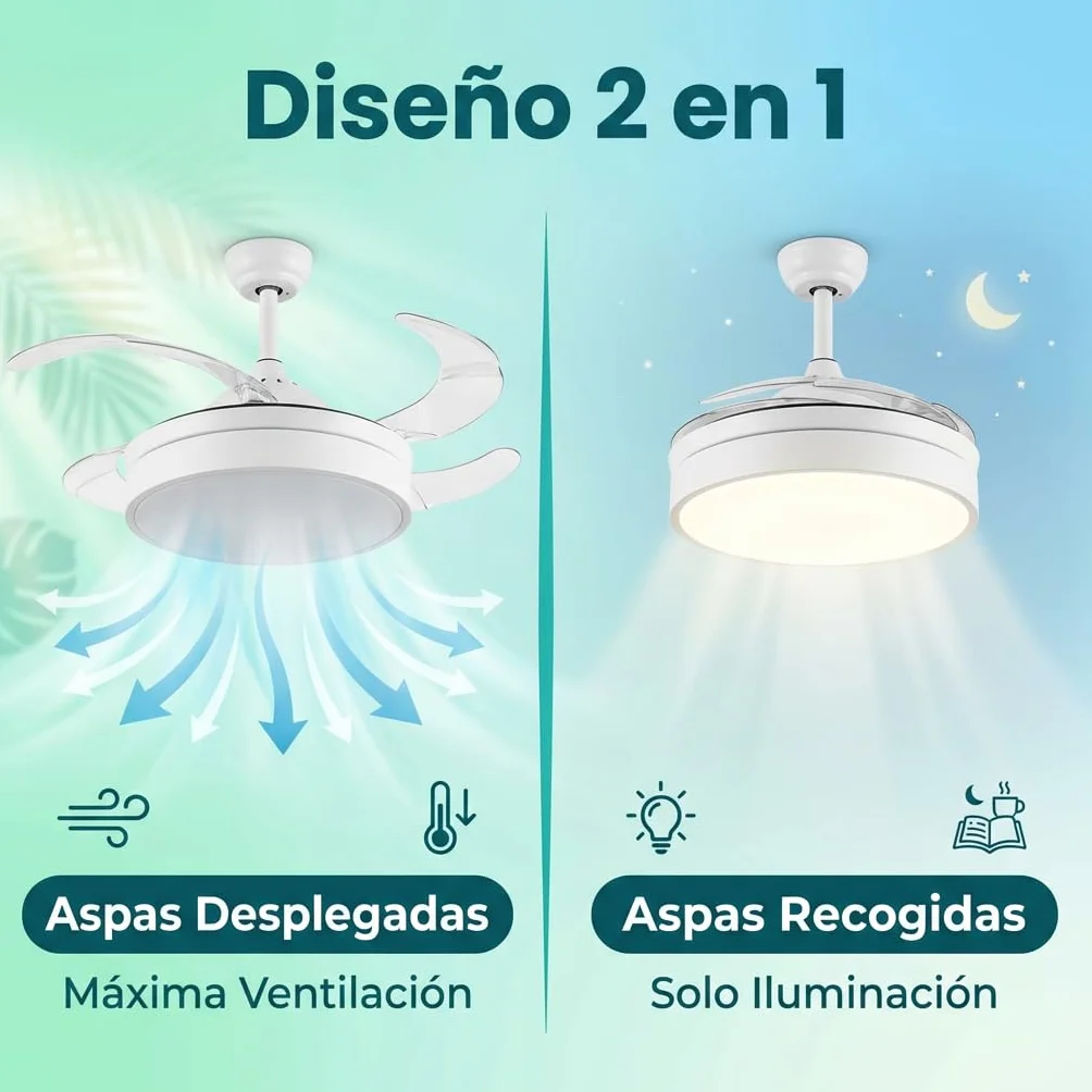 Don Feliz Ventilador de techo con luz LED 4 Aspas Retráctiles, 3 modos de luz, control por mando y app, 55W Motor DC