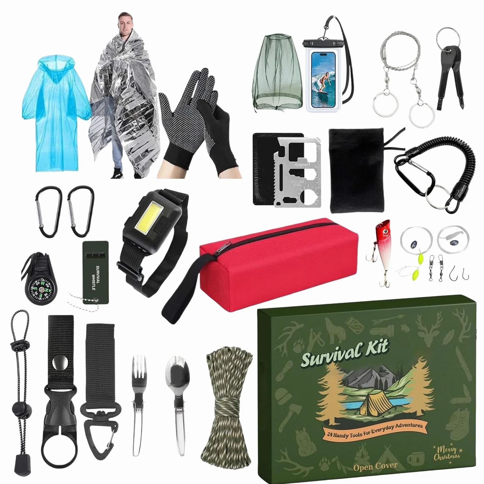 Adviento del Kit de Supervivencia: de Regalo de Cuenta Regresiva | Kit de supervivencia de 24 días de tela y ABS de Metal, calendario de Adviento con equipo para actividades al aire libre, par