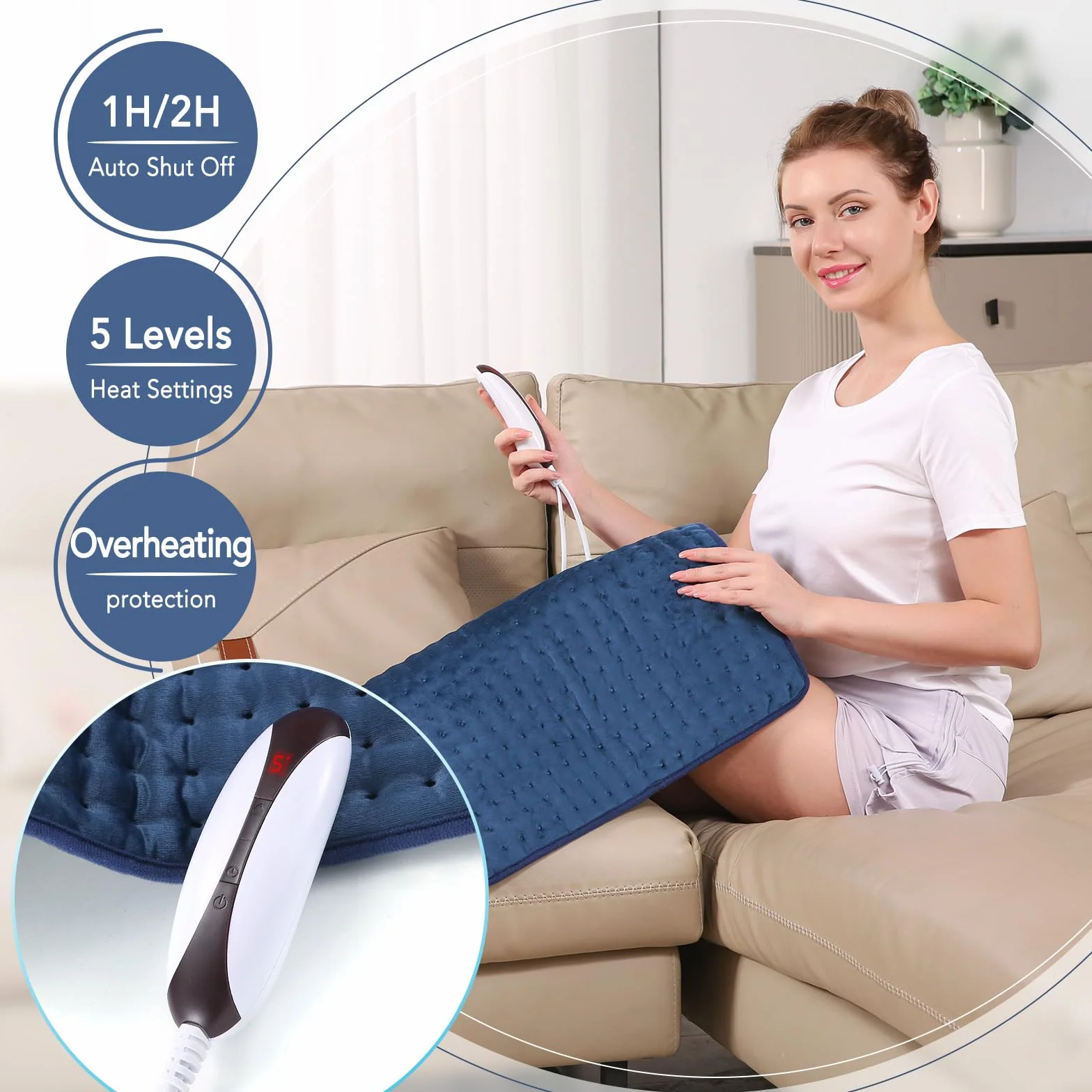 Almohadilla Térmica para Espalda, Cuello y Hombros, 50 X 60 CM con 1-2H Apagado Automático and 5 niveles de calefacción, Protección Contra el Sobrecalentamiento