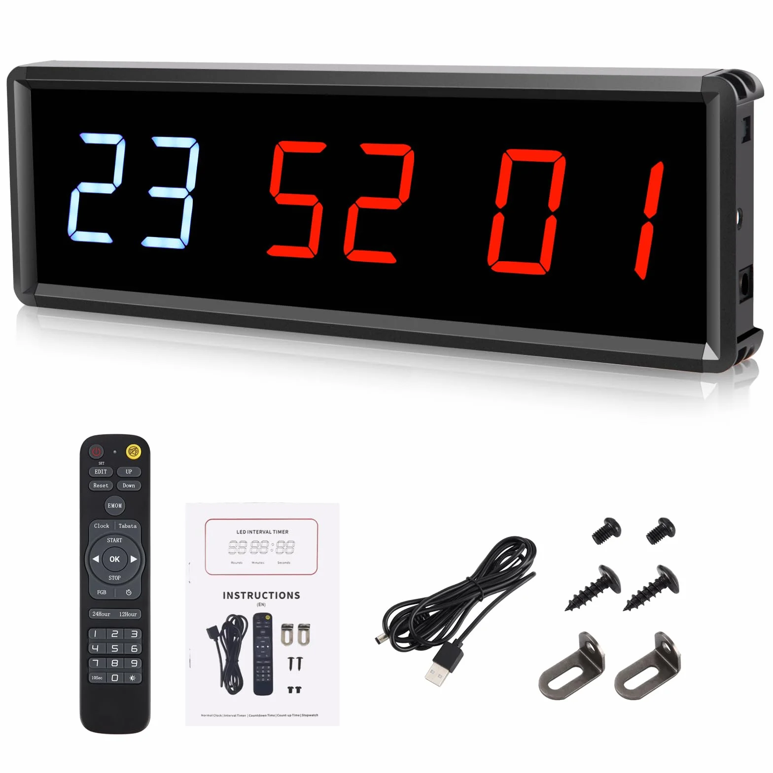 PELLOR Temporizador de Gimnasio,1.5" Temporizador de Intervalo LED,Reloj de Pared Digital Grande con Countdown/Up,Cronómetro,Brillo Ajustable,Reloj de Entrenamiento con Control Remoto para Casa Garaje