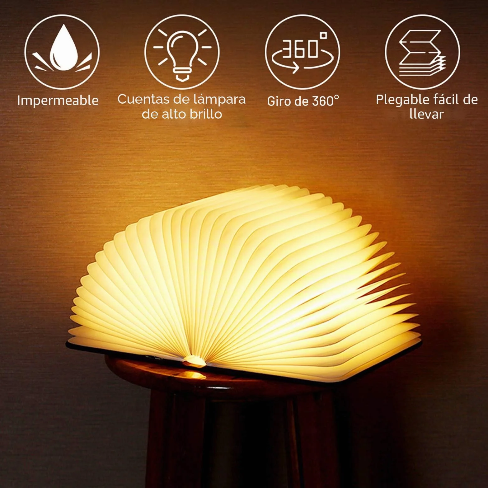 Lámpara LED Libro Plegable Madera 360° USB Recargable 2000 mAh Blanco Cálido