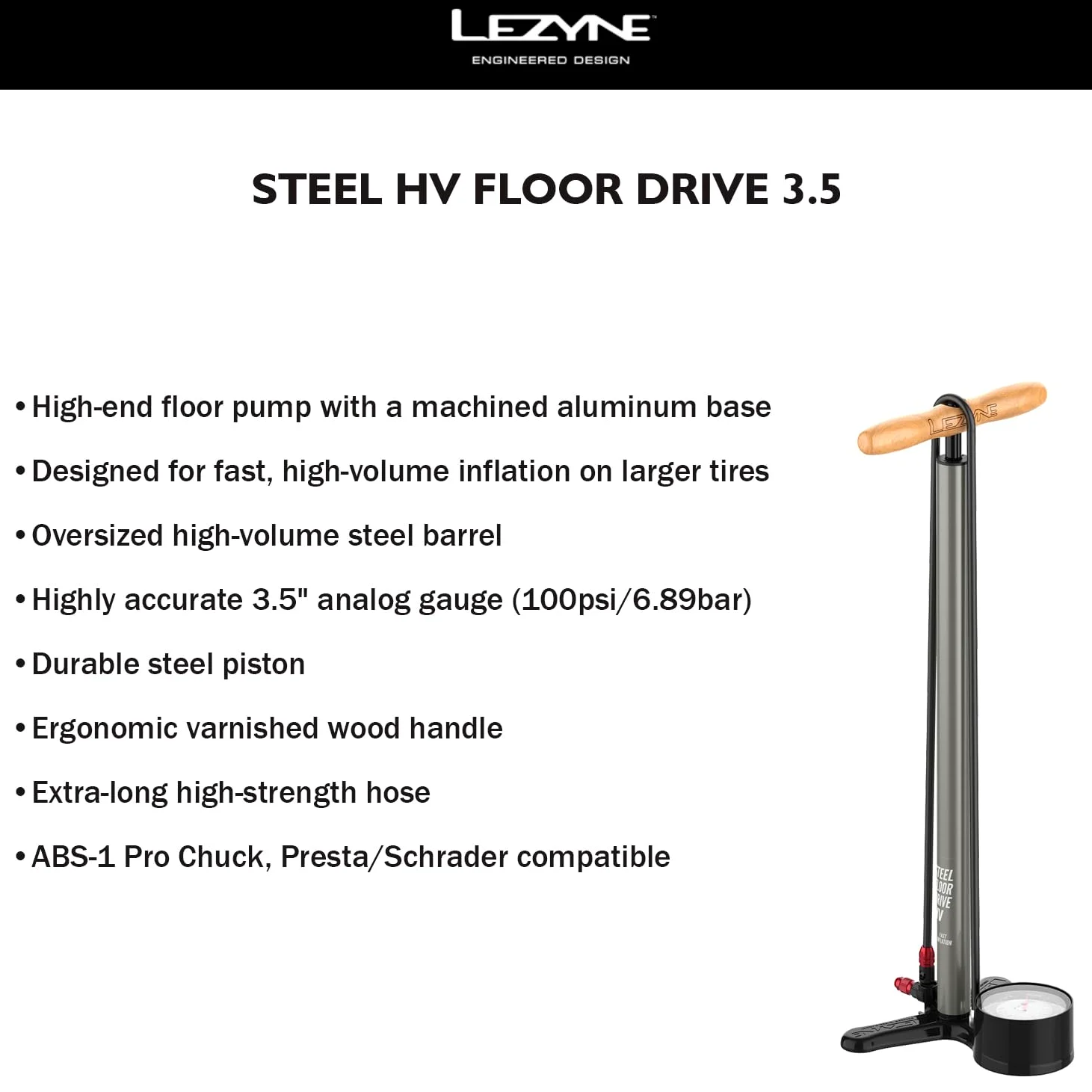 LEZYNE Bomba de suelo de acero HV 3.5 de alto volumen para bicicleta con indicador analógico preciso de 3.5 pulgadas, bomba de aire duradera de 100 PSI para bicicletas de montaña/grava, portabrocas