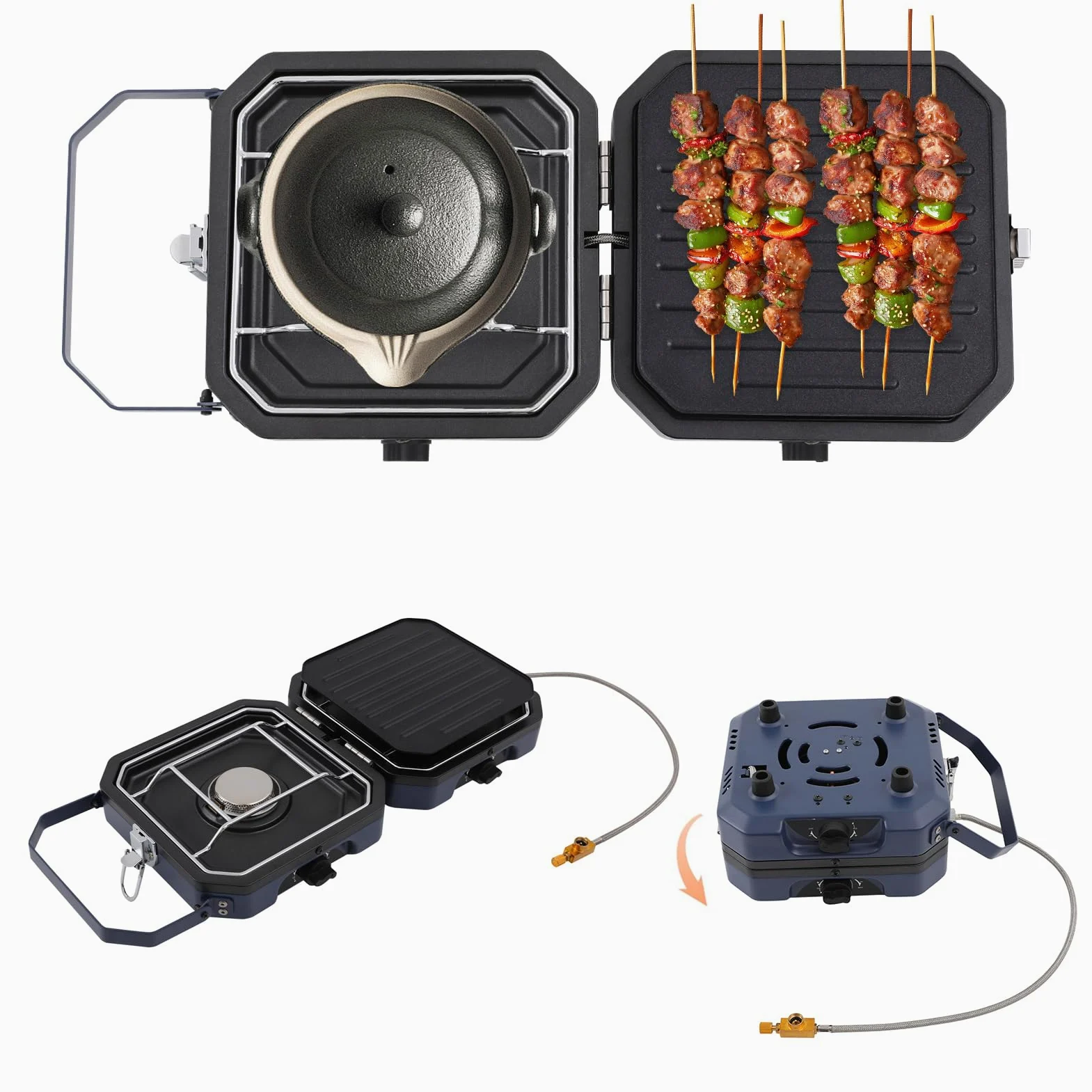 Hornillo de camping de 2 quemadores de gas plegable, 2,3 + 2,3 kW, hornillo de gas para camping con encendedor y manguera de gas para barbacoa al aire libre, fiesta en el jardín, butano