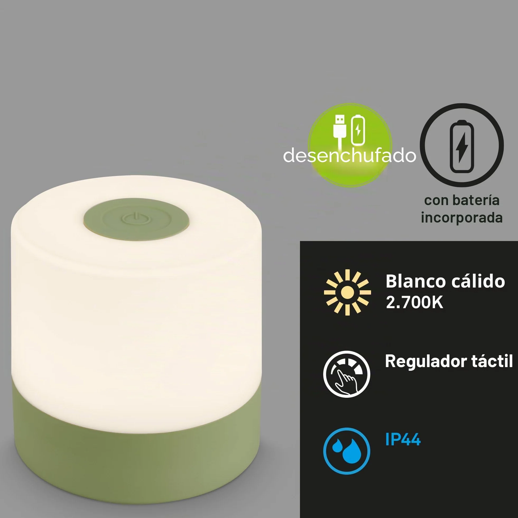 Briloner Mini Lámpara de Mesa LED Inalámbrica Recargable USB-C Luz Blanca Cálida 7x7 cm Verde